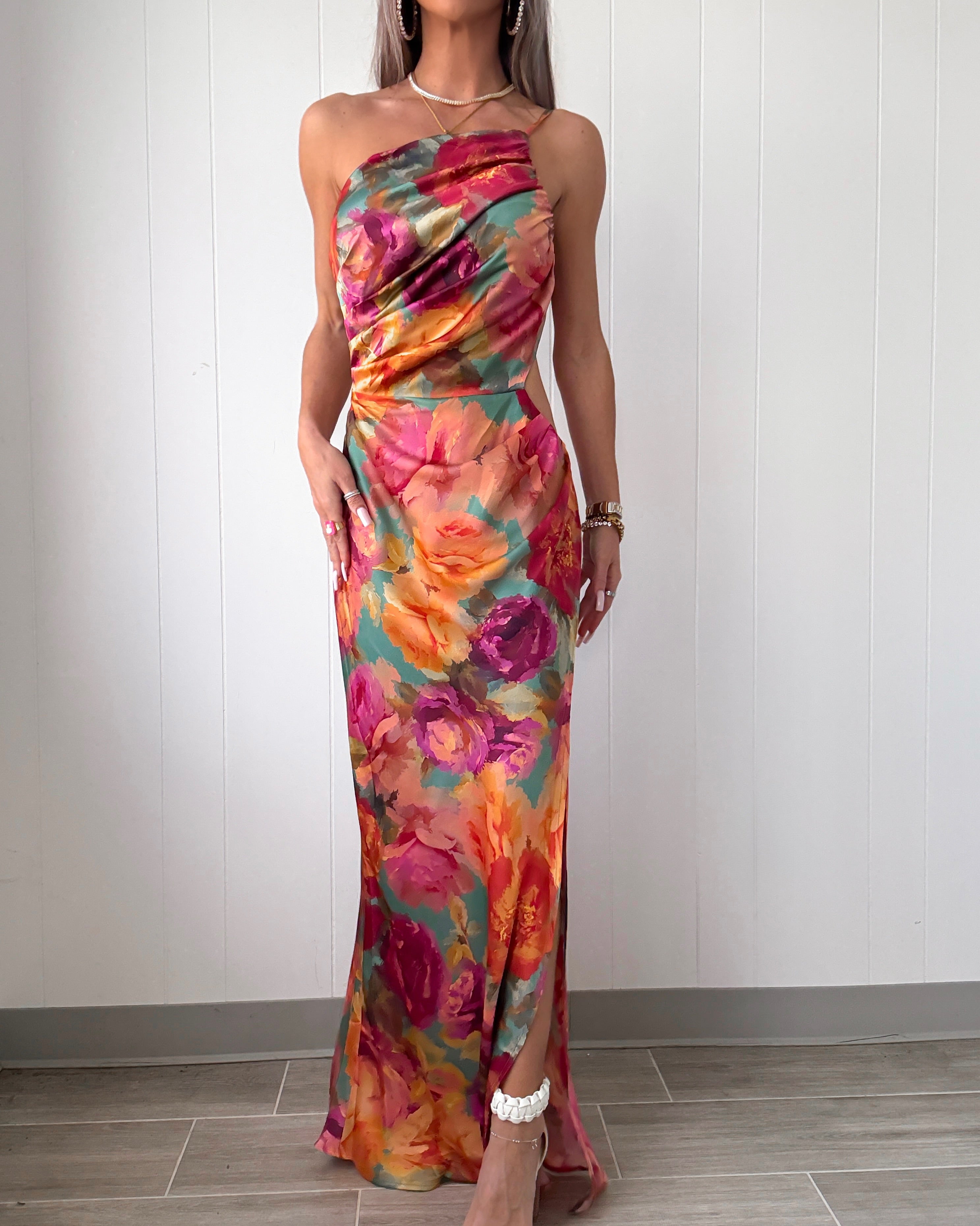 No One Else One Shoulder Ruched Maxi Dress - Floral