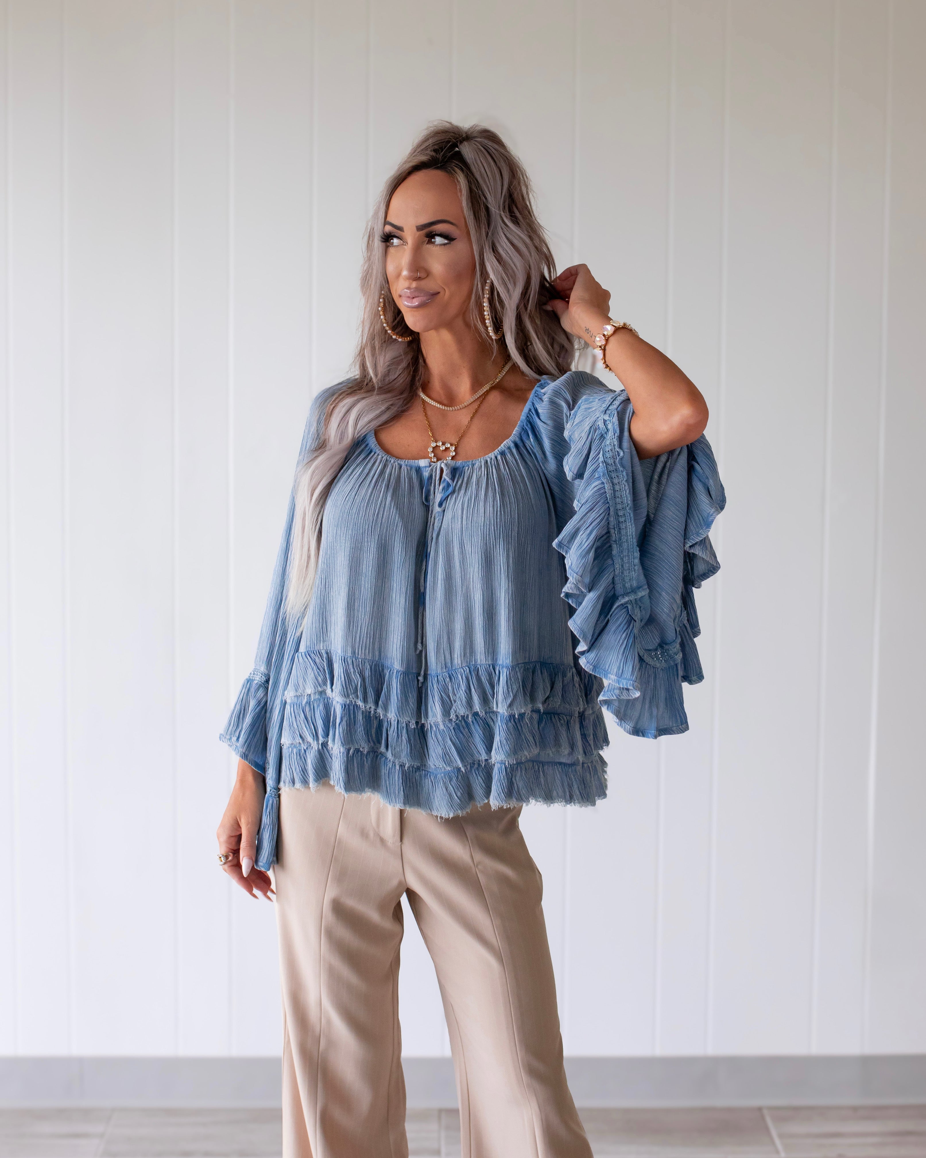 Petal Ruffle Crinkle Top - Denim Blue