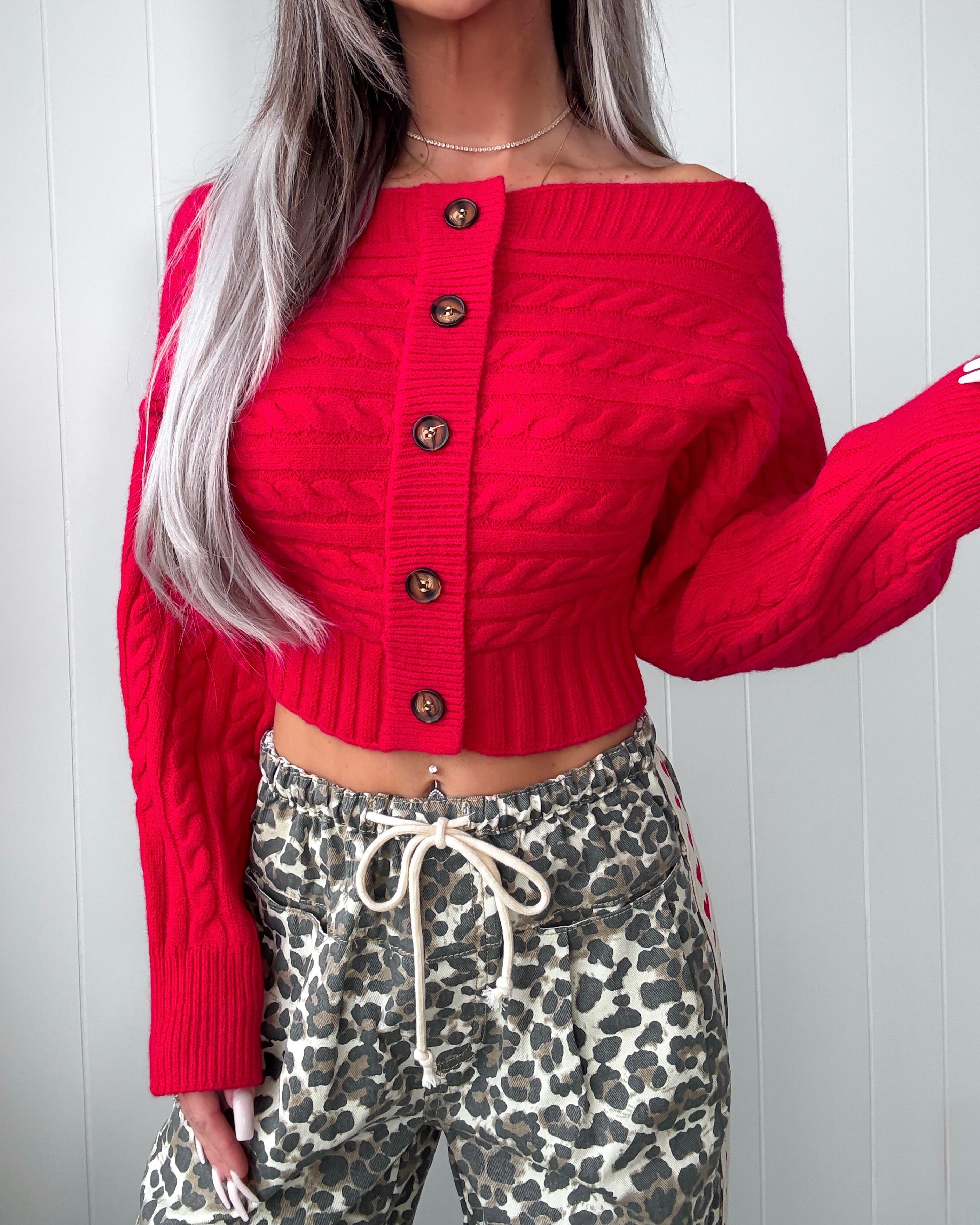 Love Notes Off Shoulder Button Down Sweater - Red