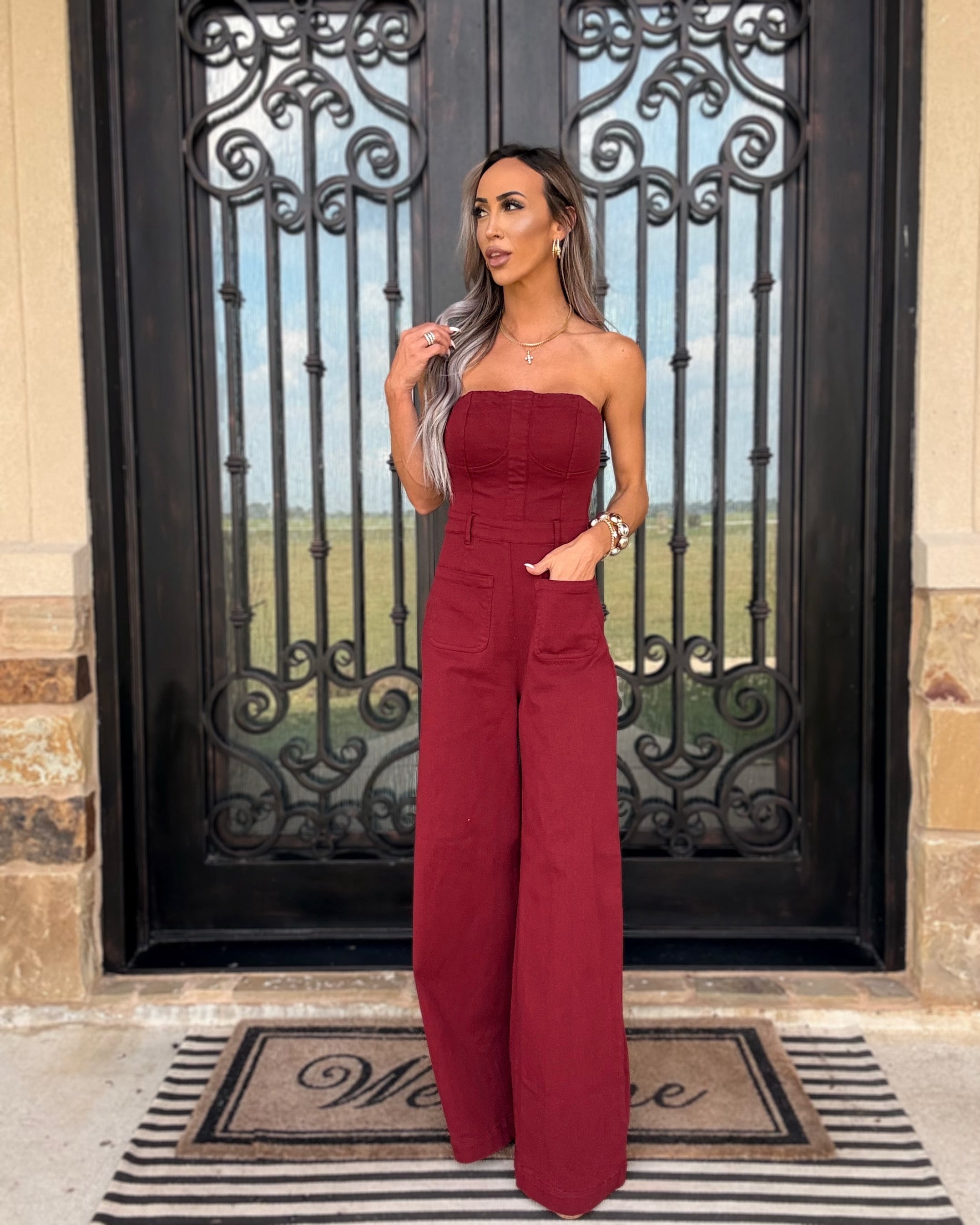 Hot Streak Tube Top Denim Jumpsuit - Burgundy
