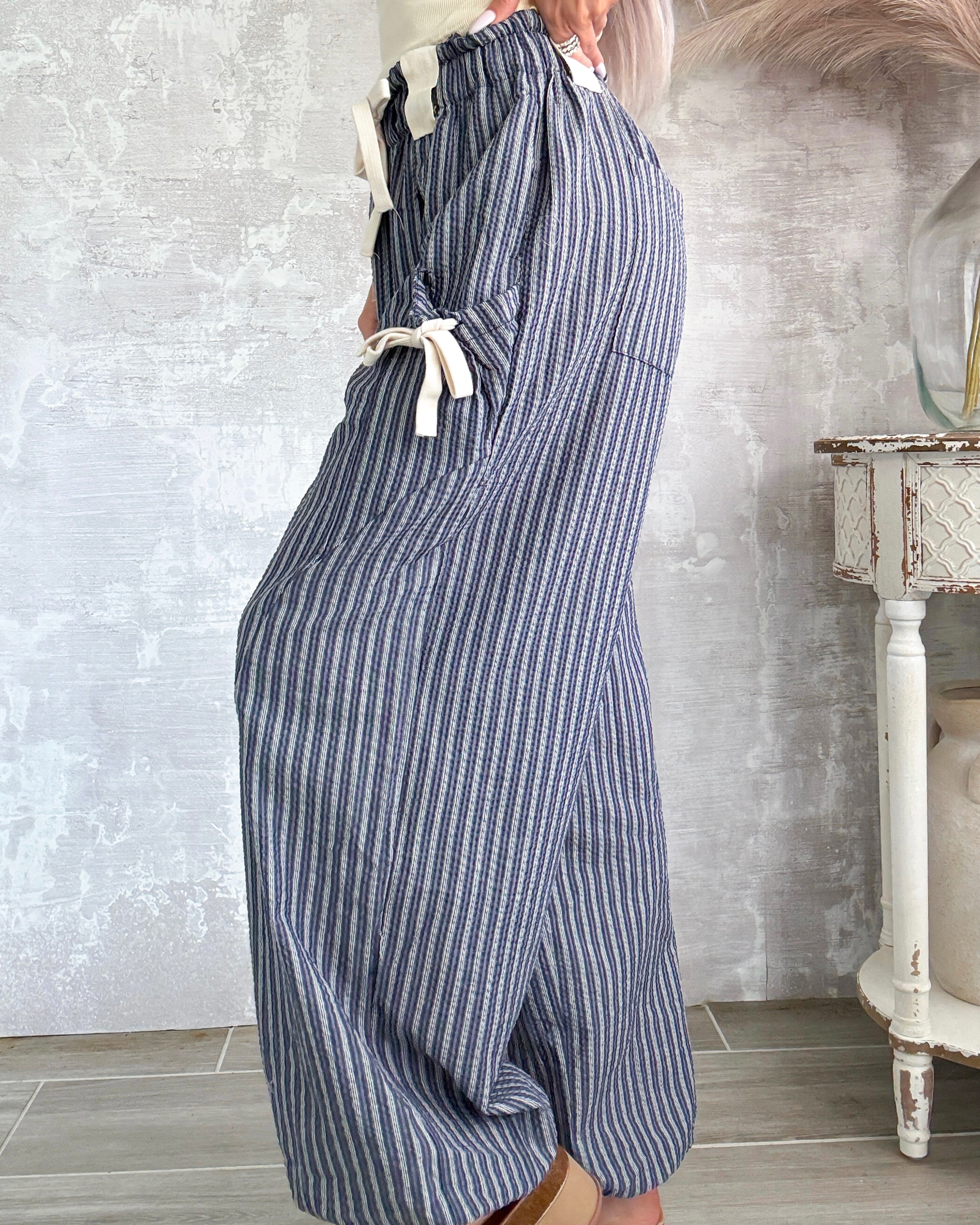 Sweet Stripe Bow Joggers - Navy/White