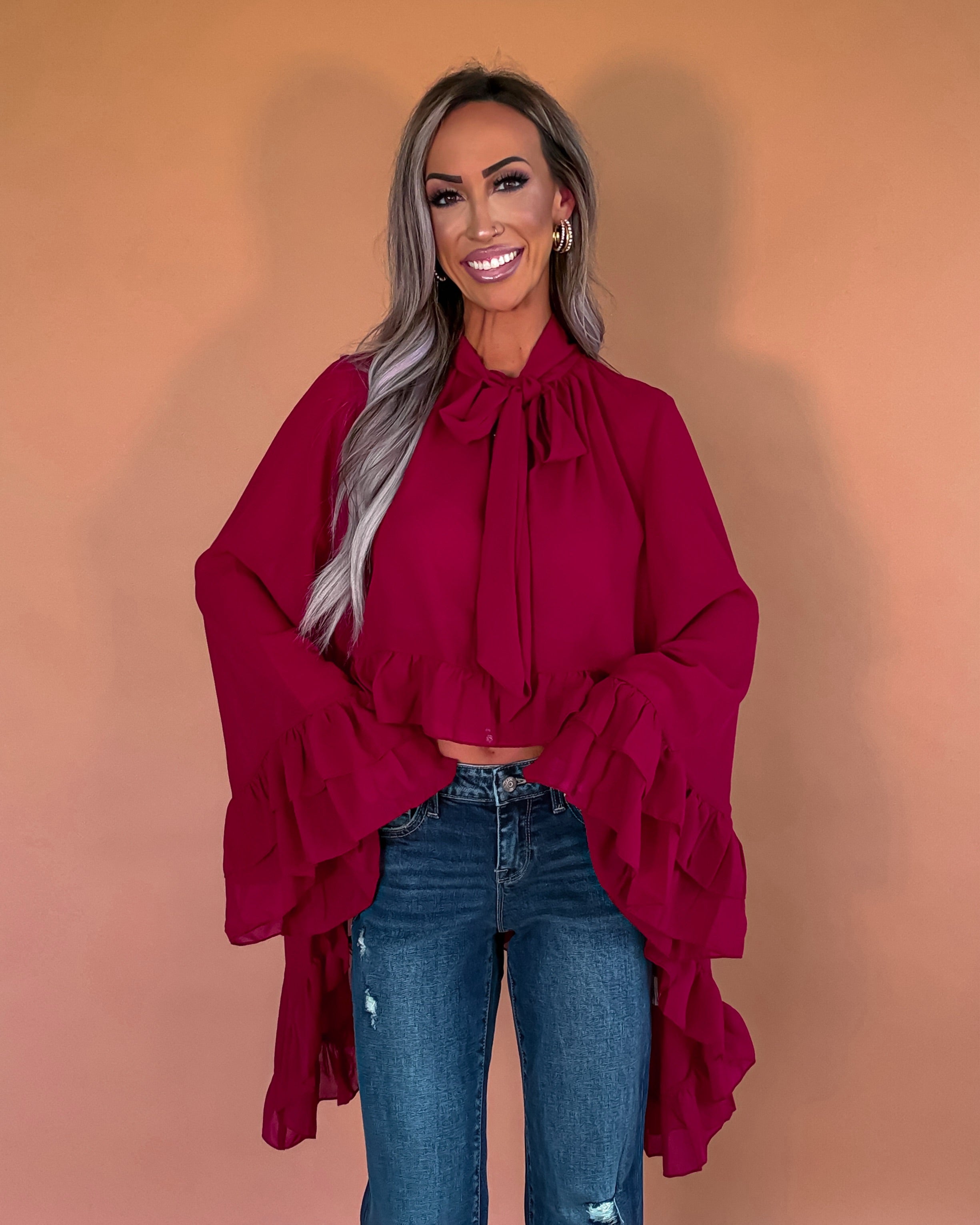 Ruffle Reverie Asymmetrical Blouse - Burgundy