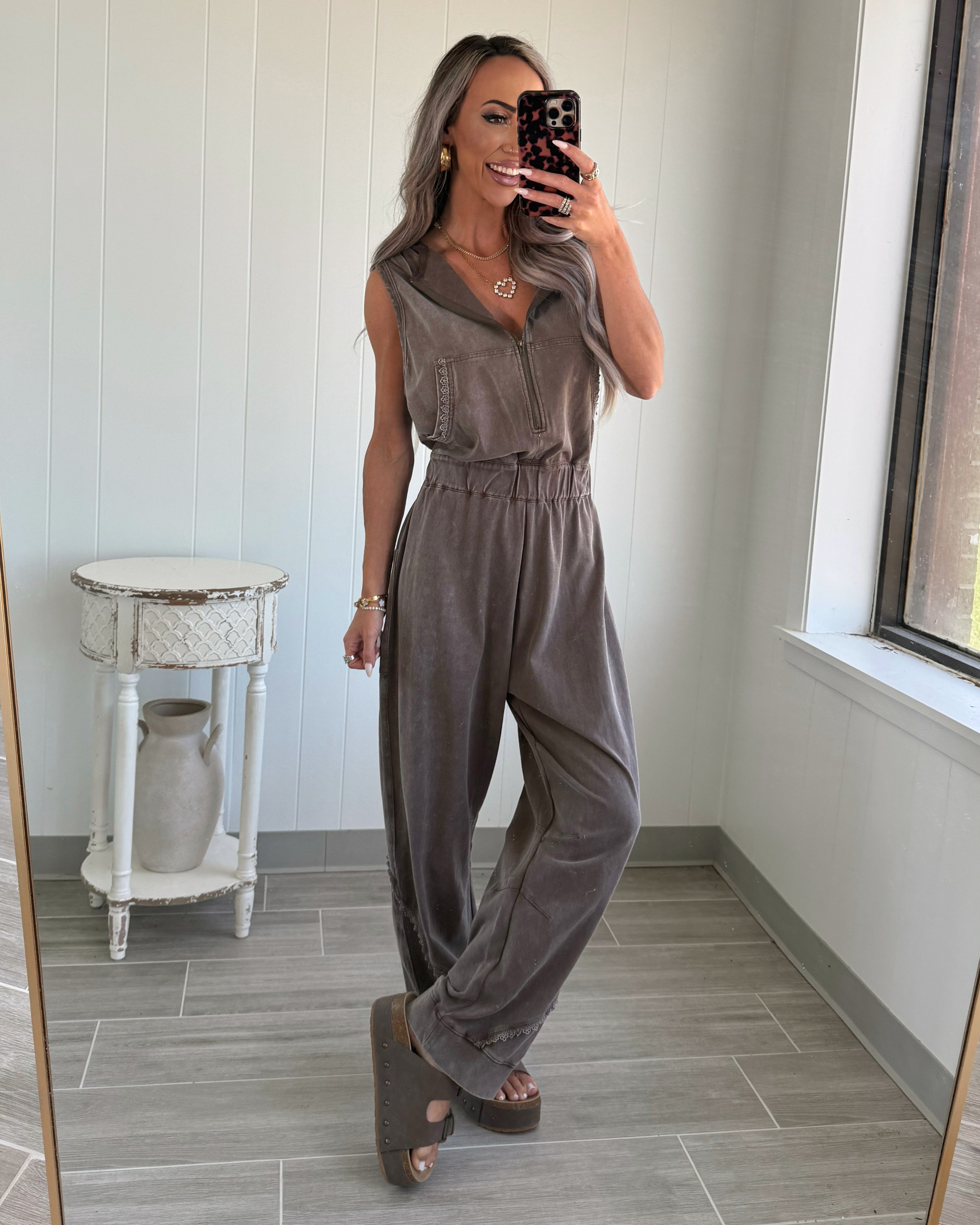 The Hazel Hooded Jogger Jumpsuit - Washed Brown