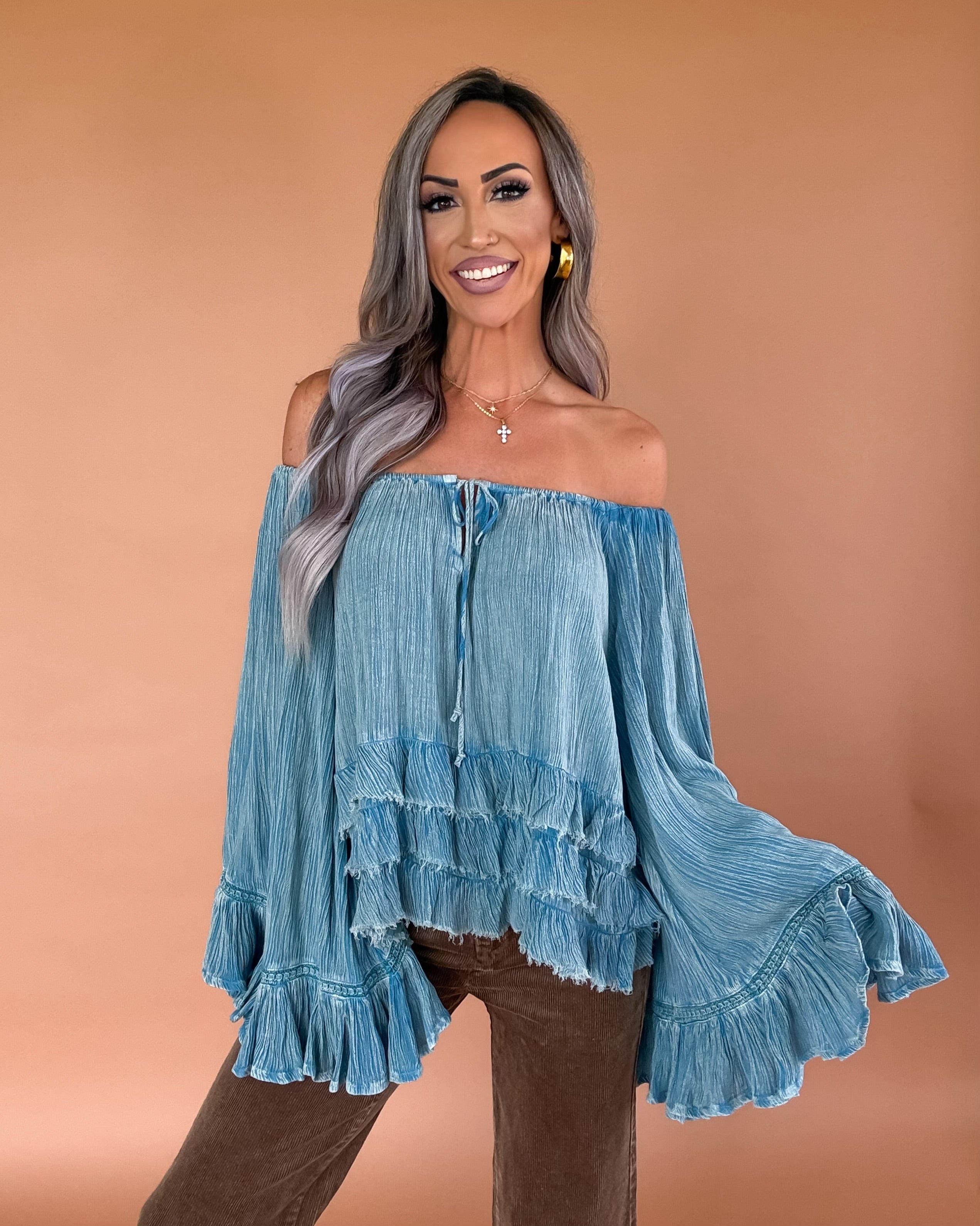 Petal Ruffle Crinkle Top - Denim Blue
