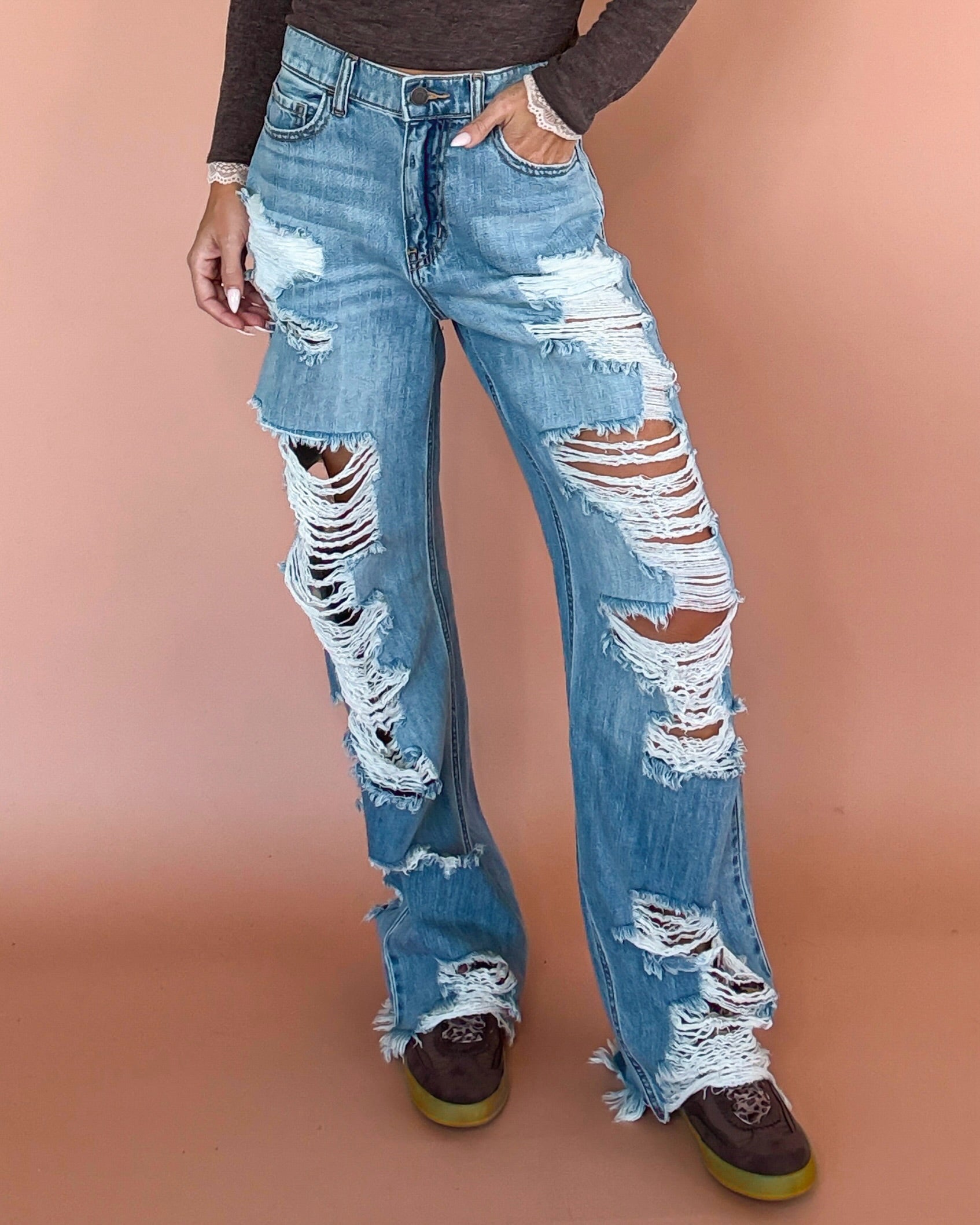 Oakland Heavy Distressed Wide Leg Jeans