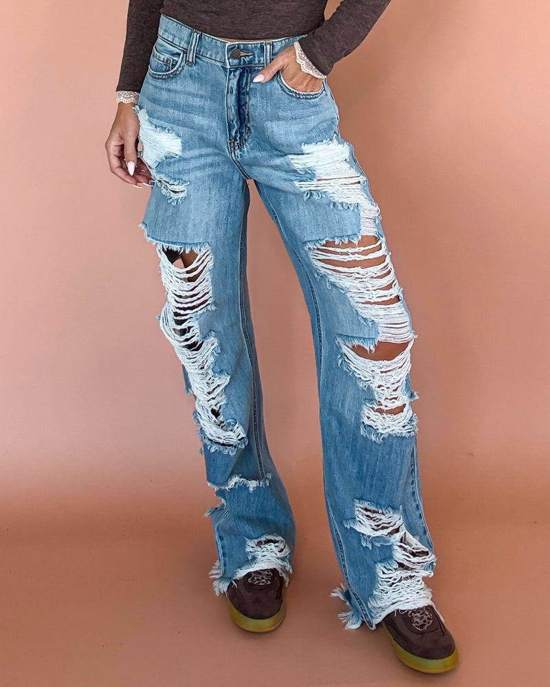 Oakland Heavy Distressed Wide Leg Jeans