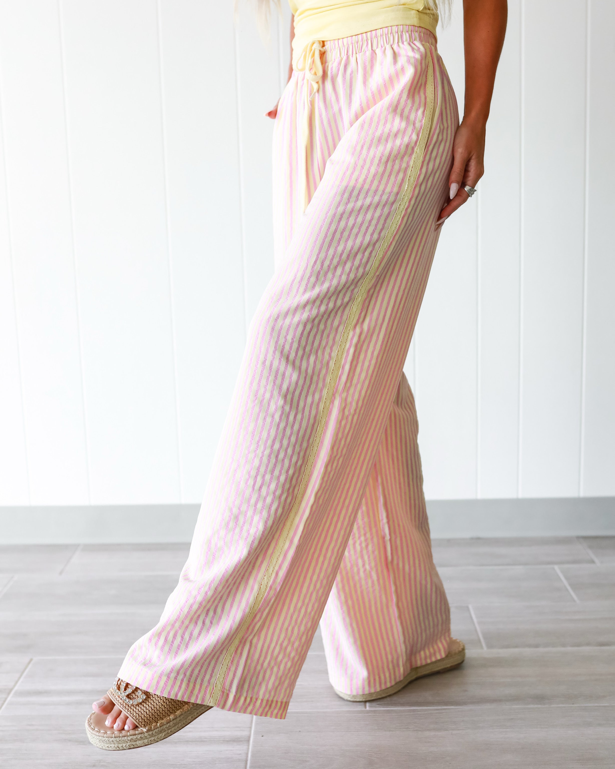 Lace Trim Statement Pants - Pink/Yellow