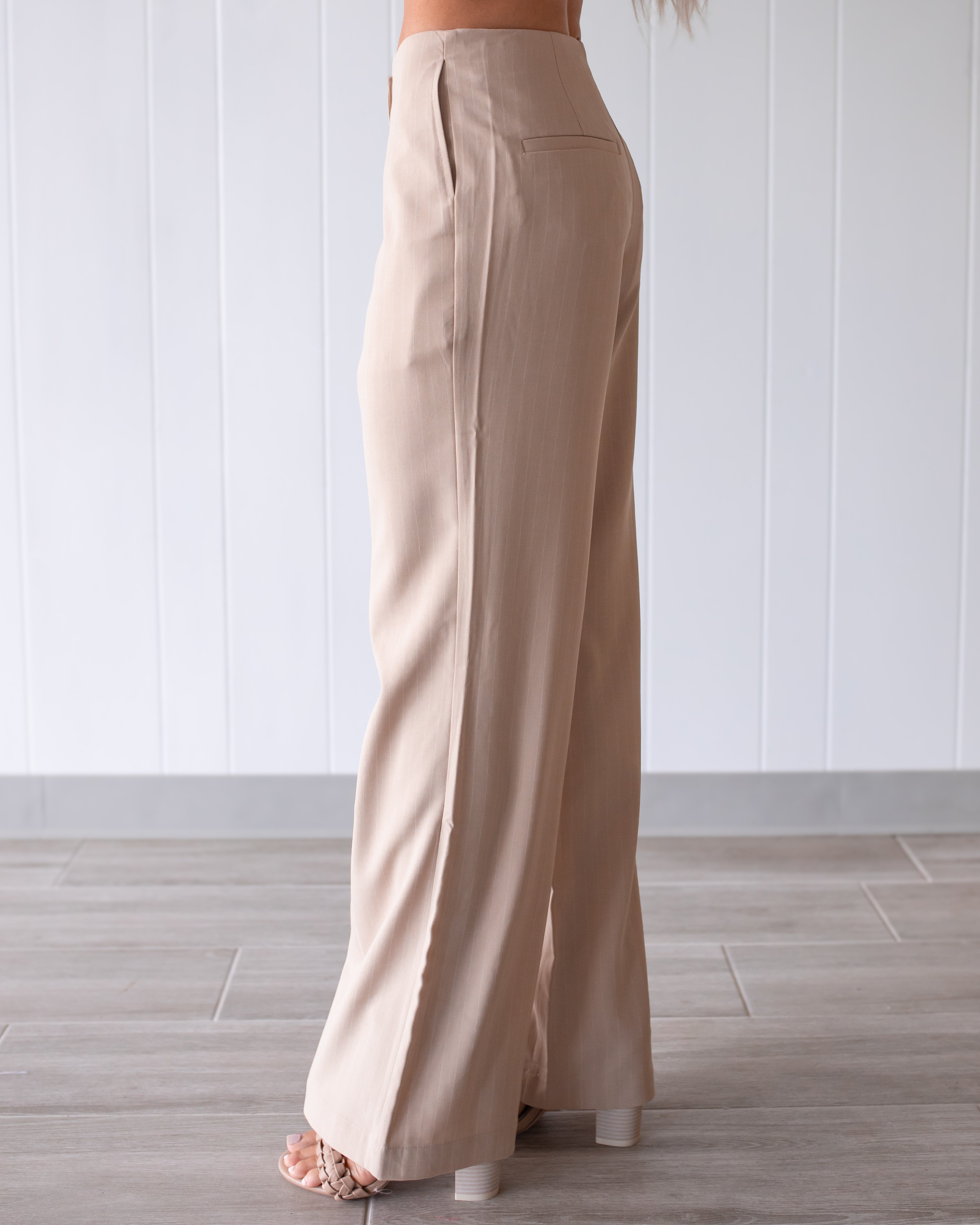 Valencia Pinstripe Wide Leg Trousers - Taupe