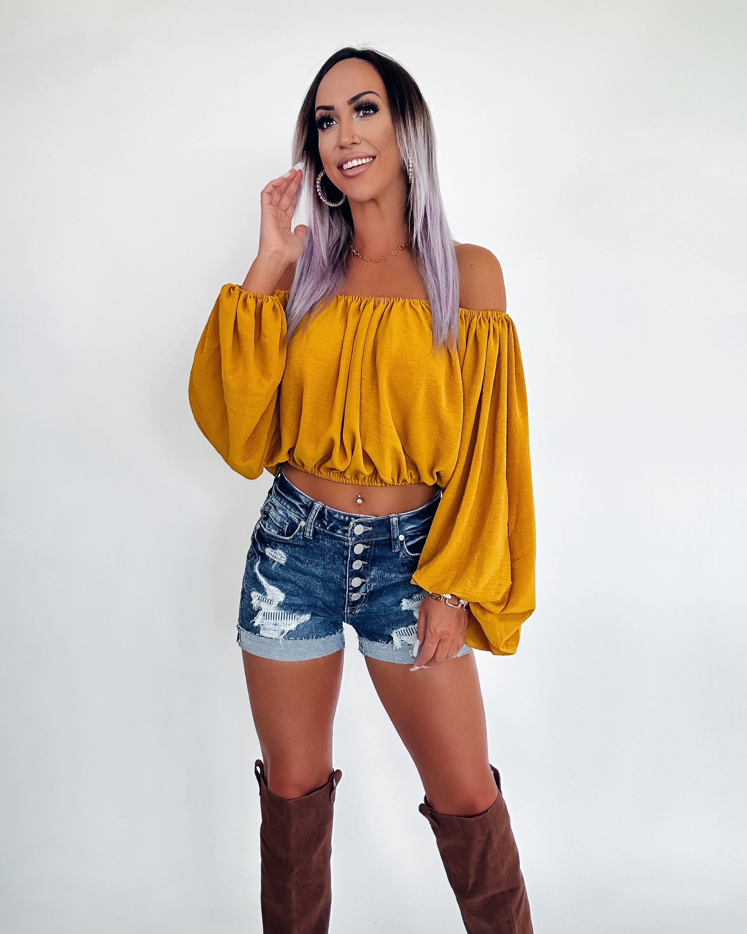 Play Day Balloon Sleeve Off Shoulder Top - Mustard
