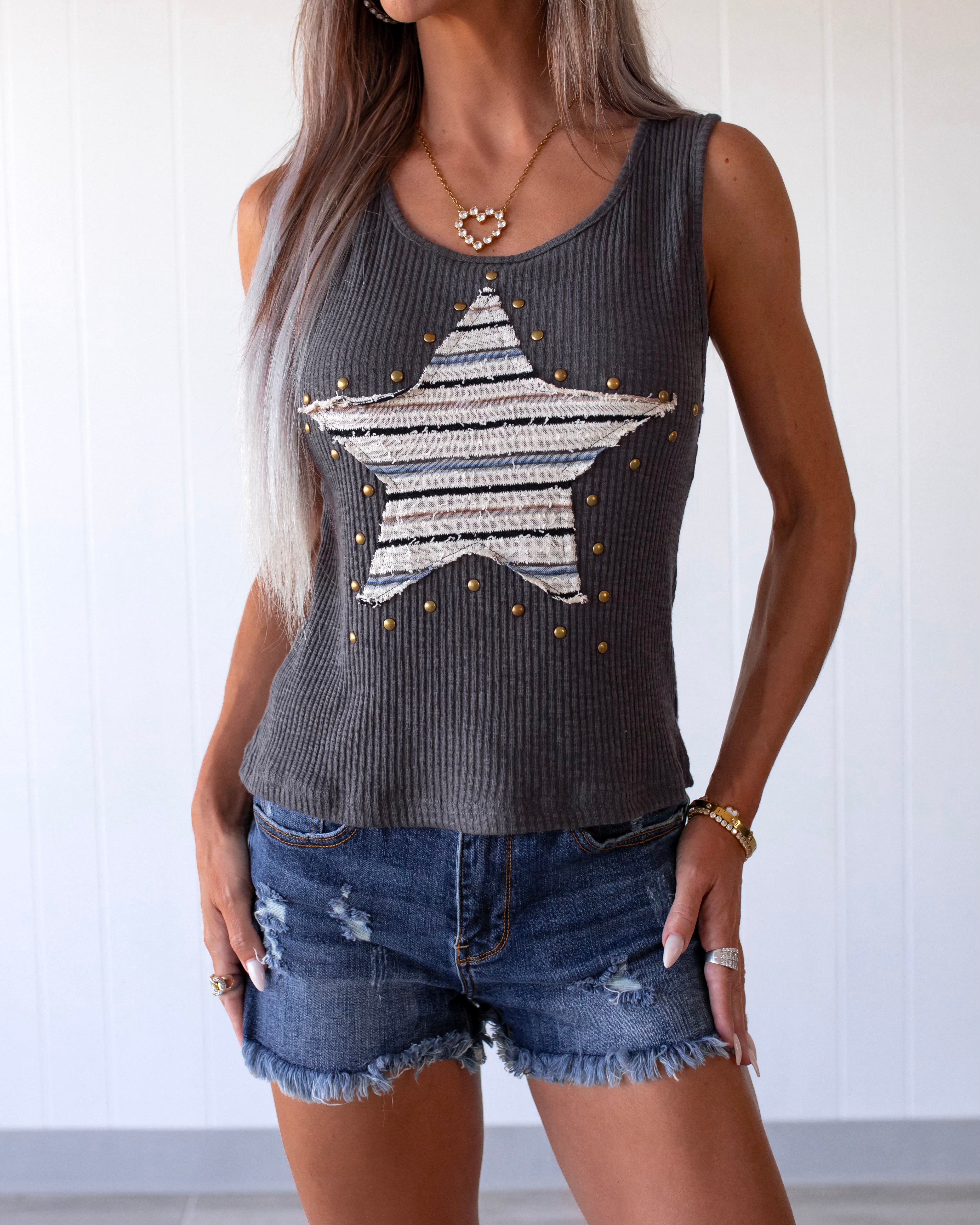 Star Girl Studded Tank - Charcoal