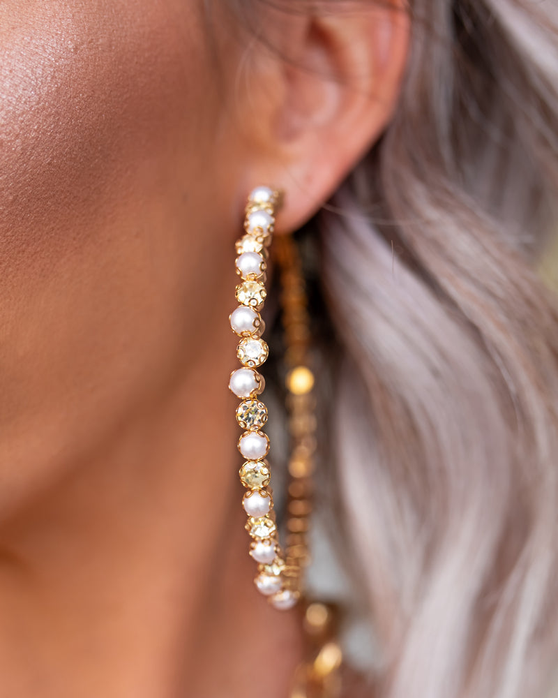 Glam Queen Rhinestone & Pearl Hoop Earrings - Gold