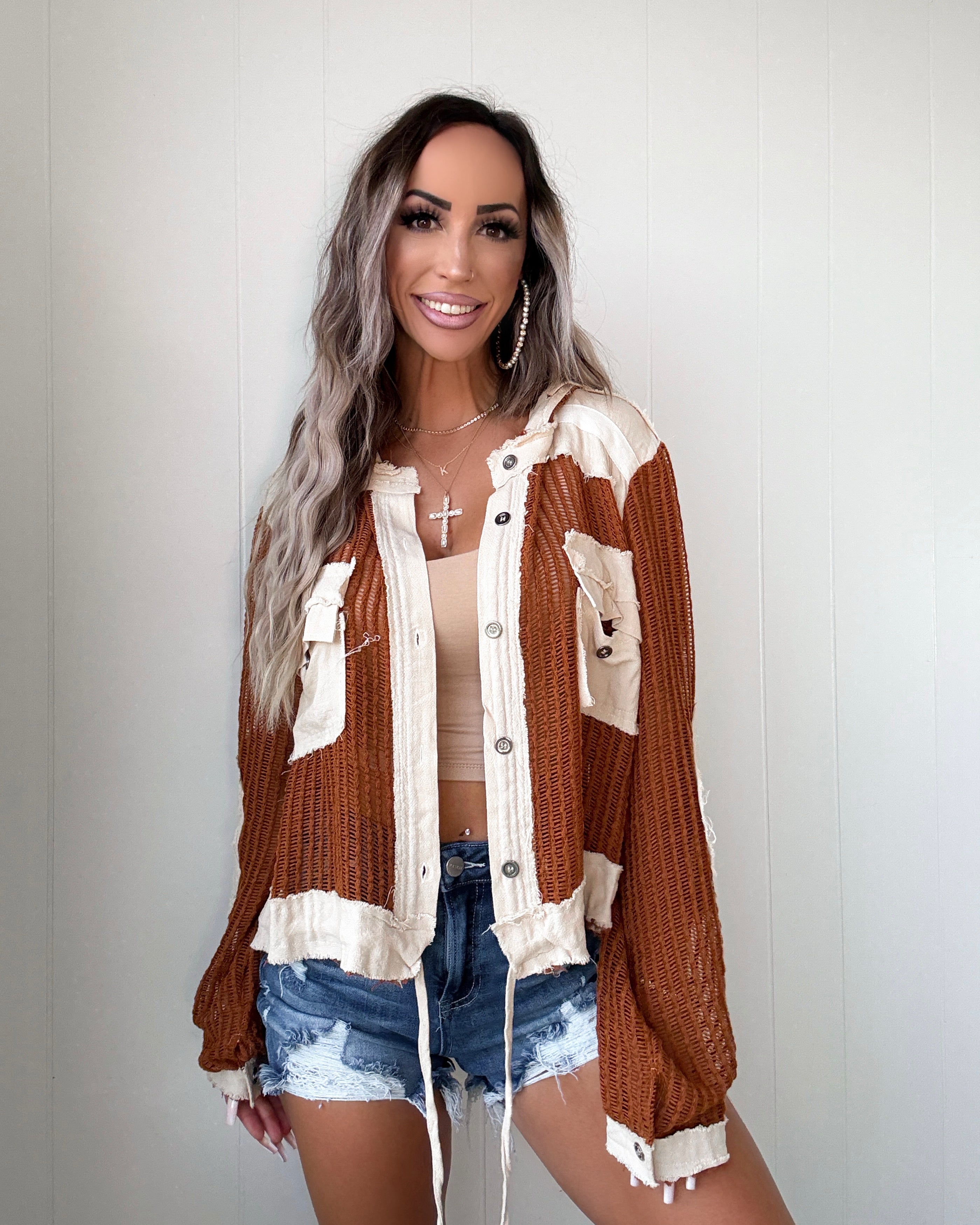 Wildwood Waffle Knit Hooded Top - Chocolate