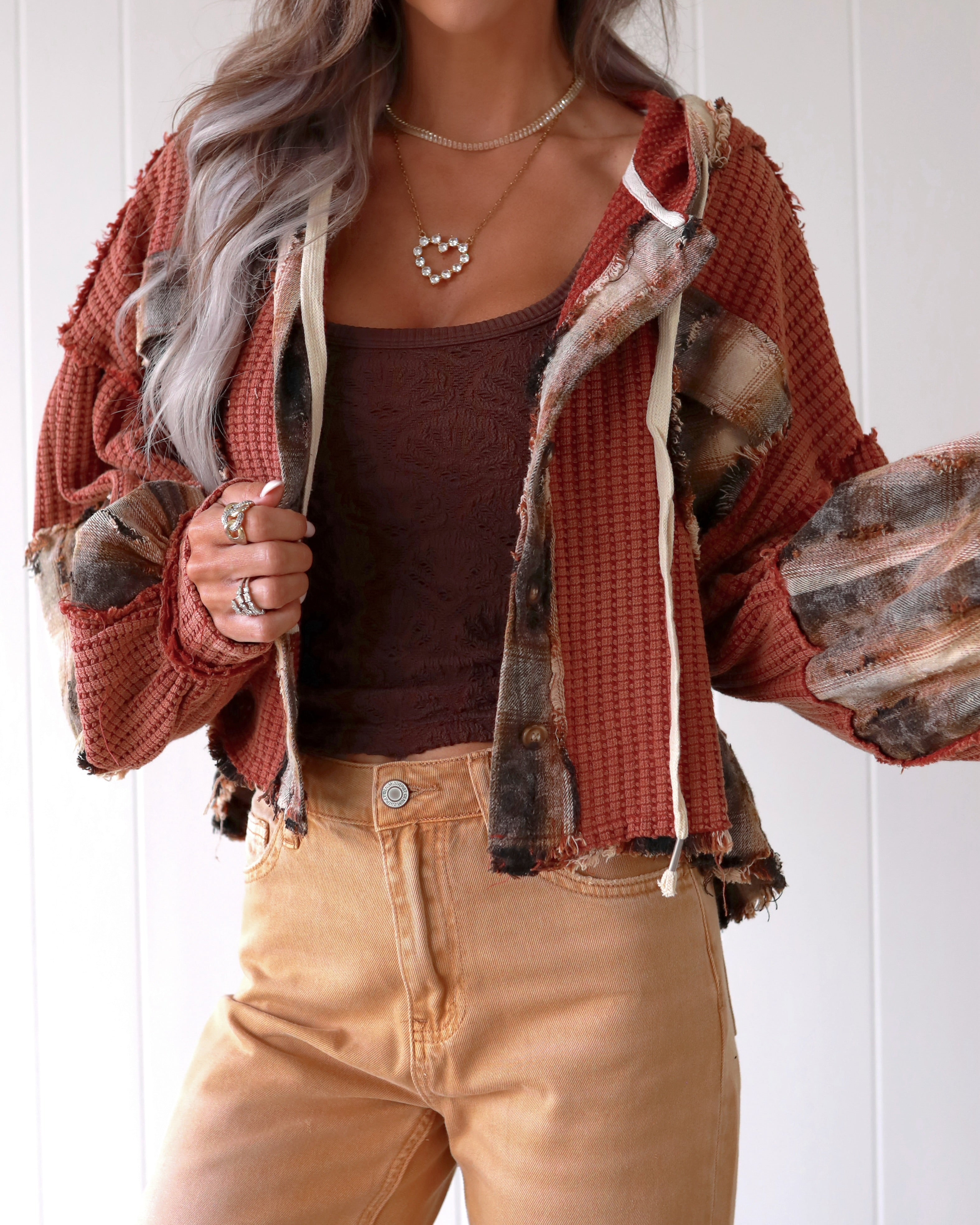 Sweet Patchwork Hooded Top - Maroon
