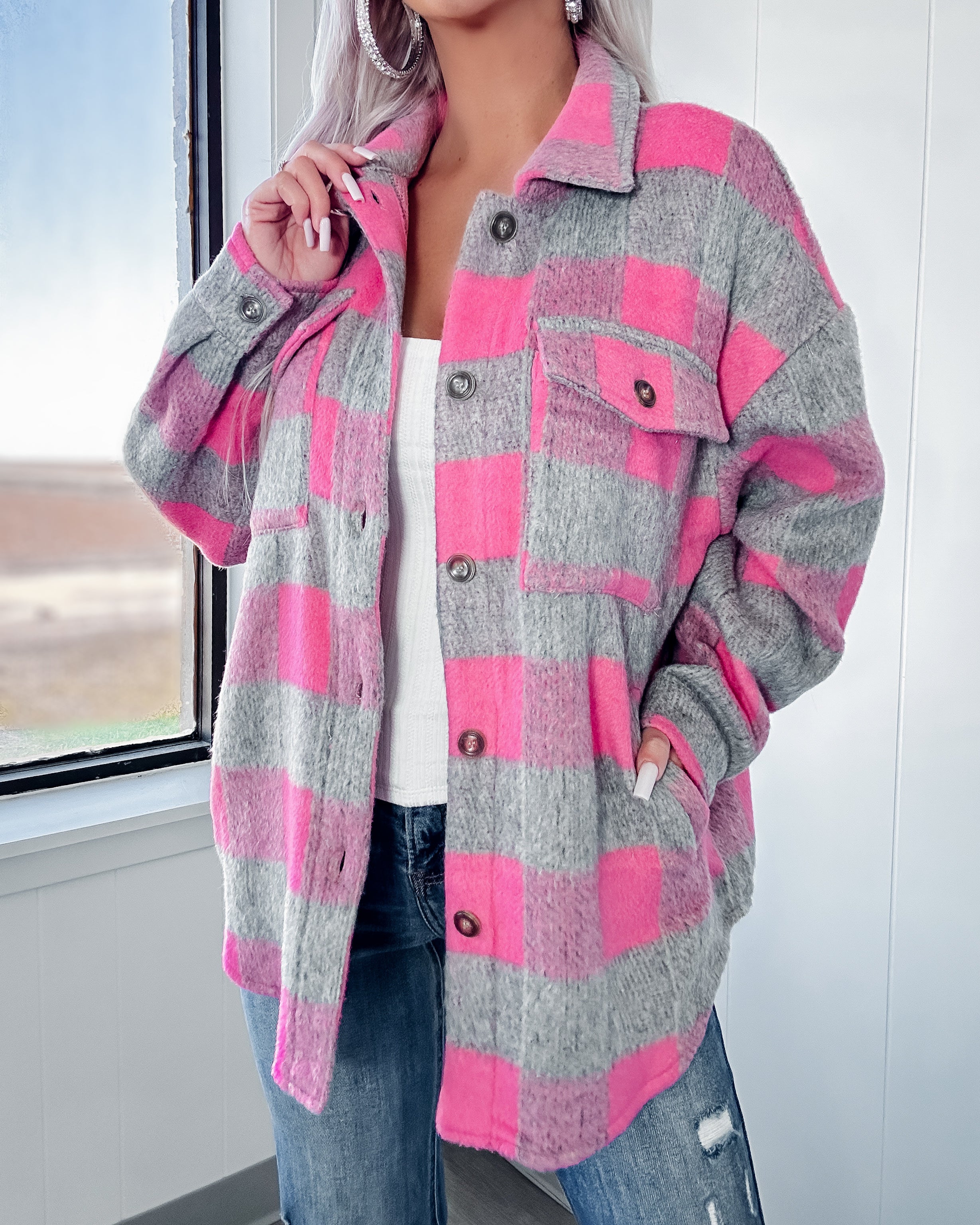 Love Is A Game Brushed Plaid Shacket - Grey