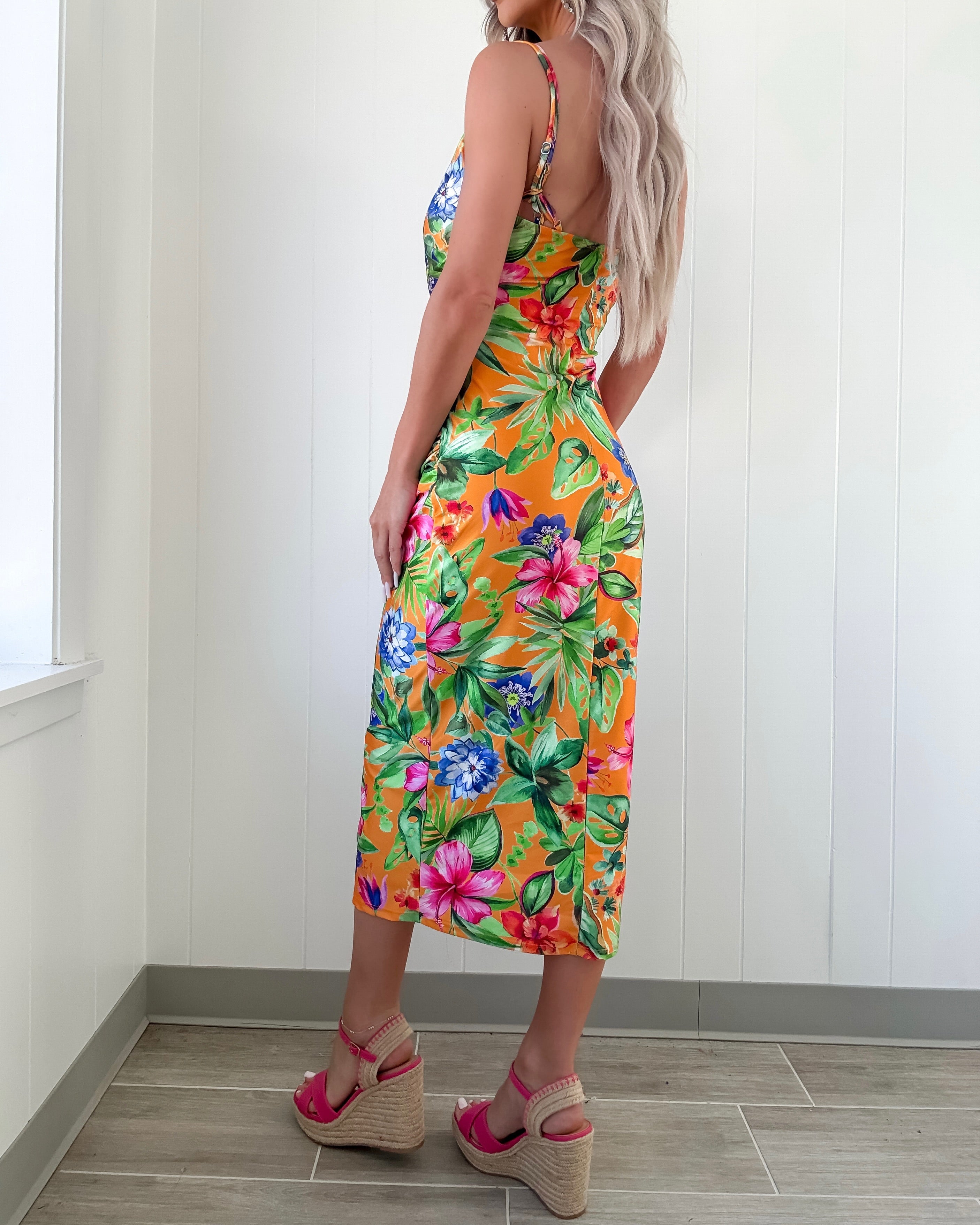 Citrus Pop Cowl Neck Midi Dress - Orange Large Citrus Pop Cowl Neck Midi Dress - Orange Large