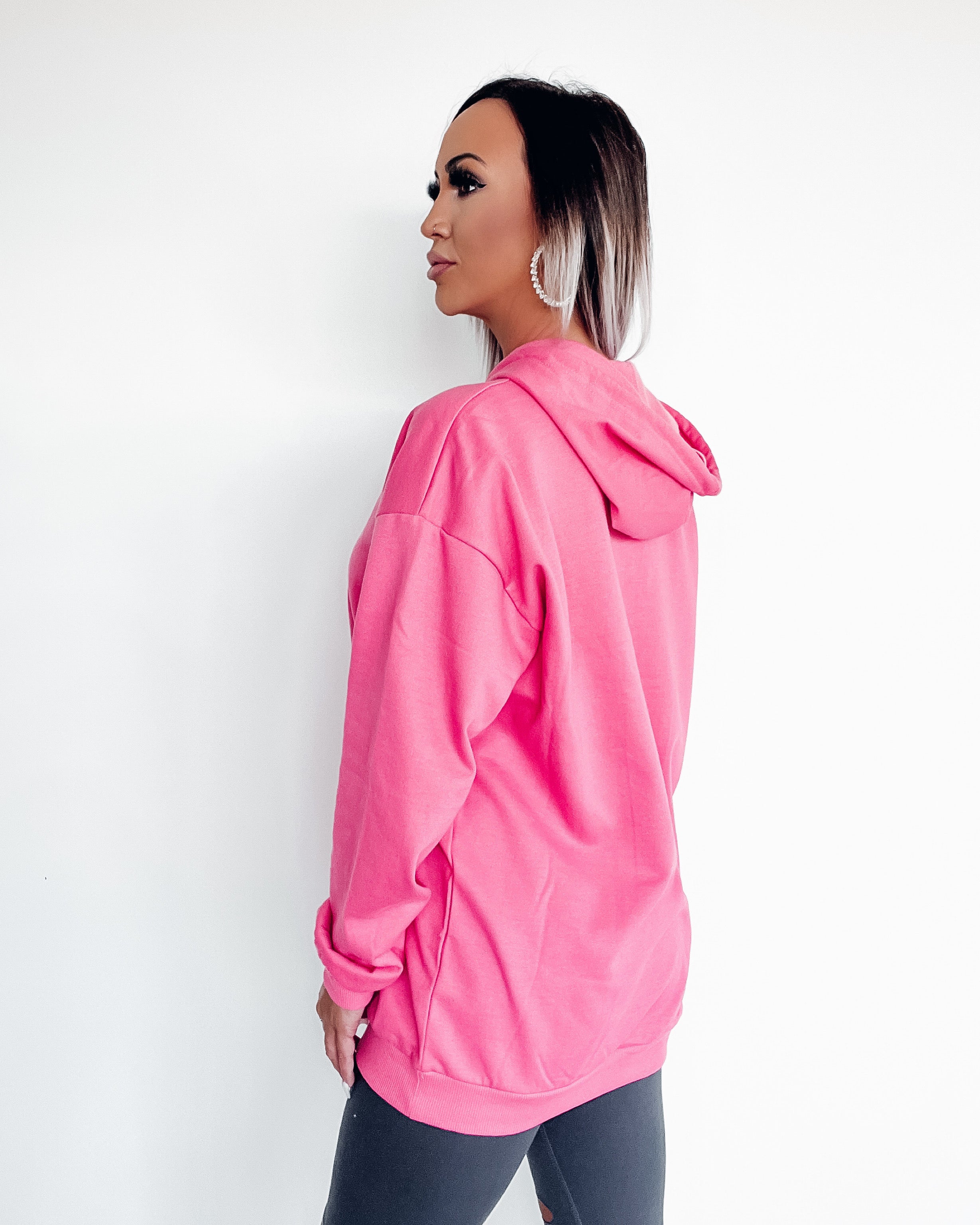 Oversize Long Sleeve Tunic Hoodie - Candy Pink