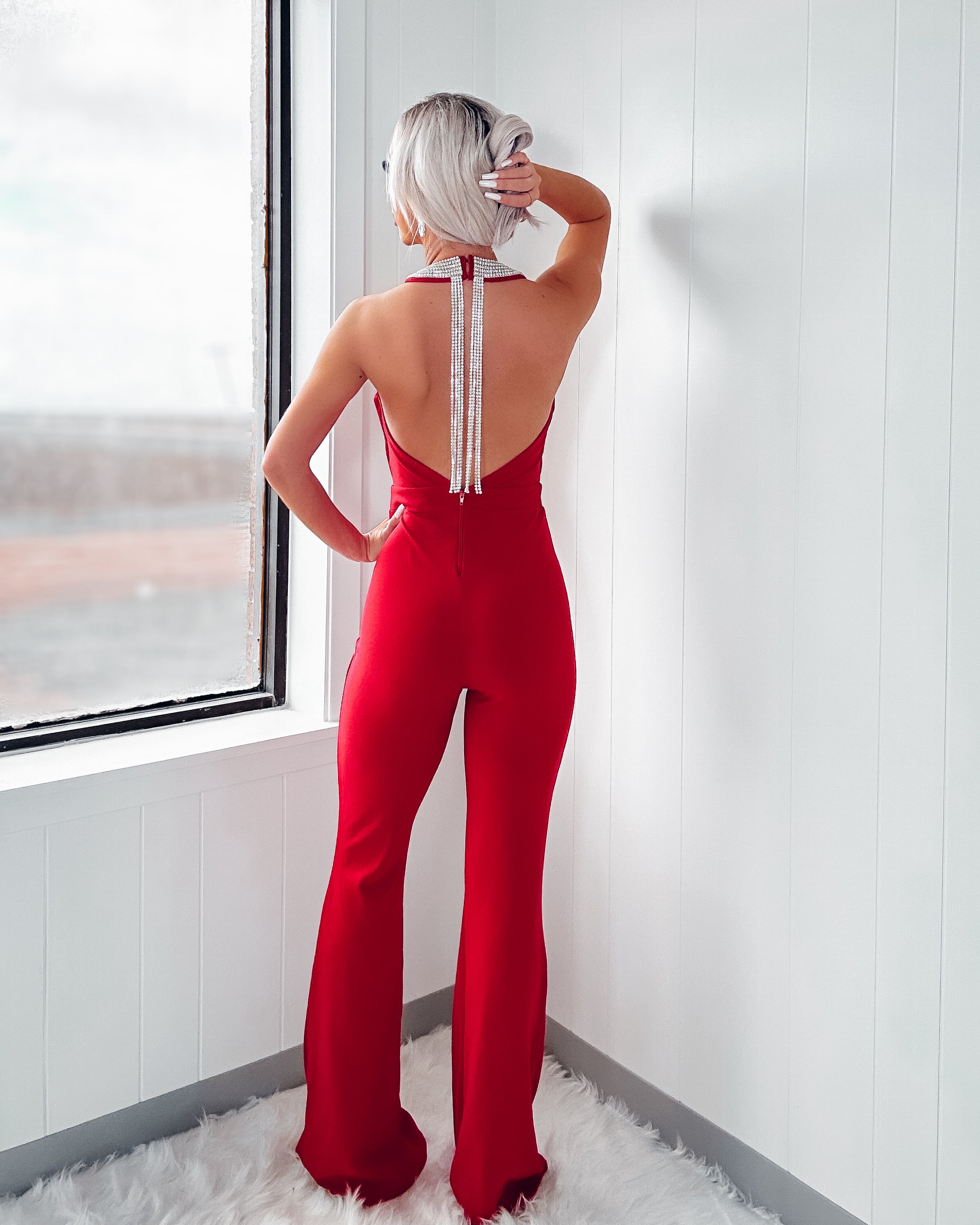 Just In Time Rhinestone Halter Jumpsuit - Red
