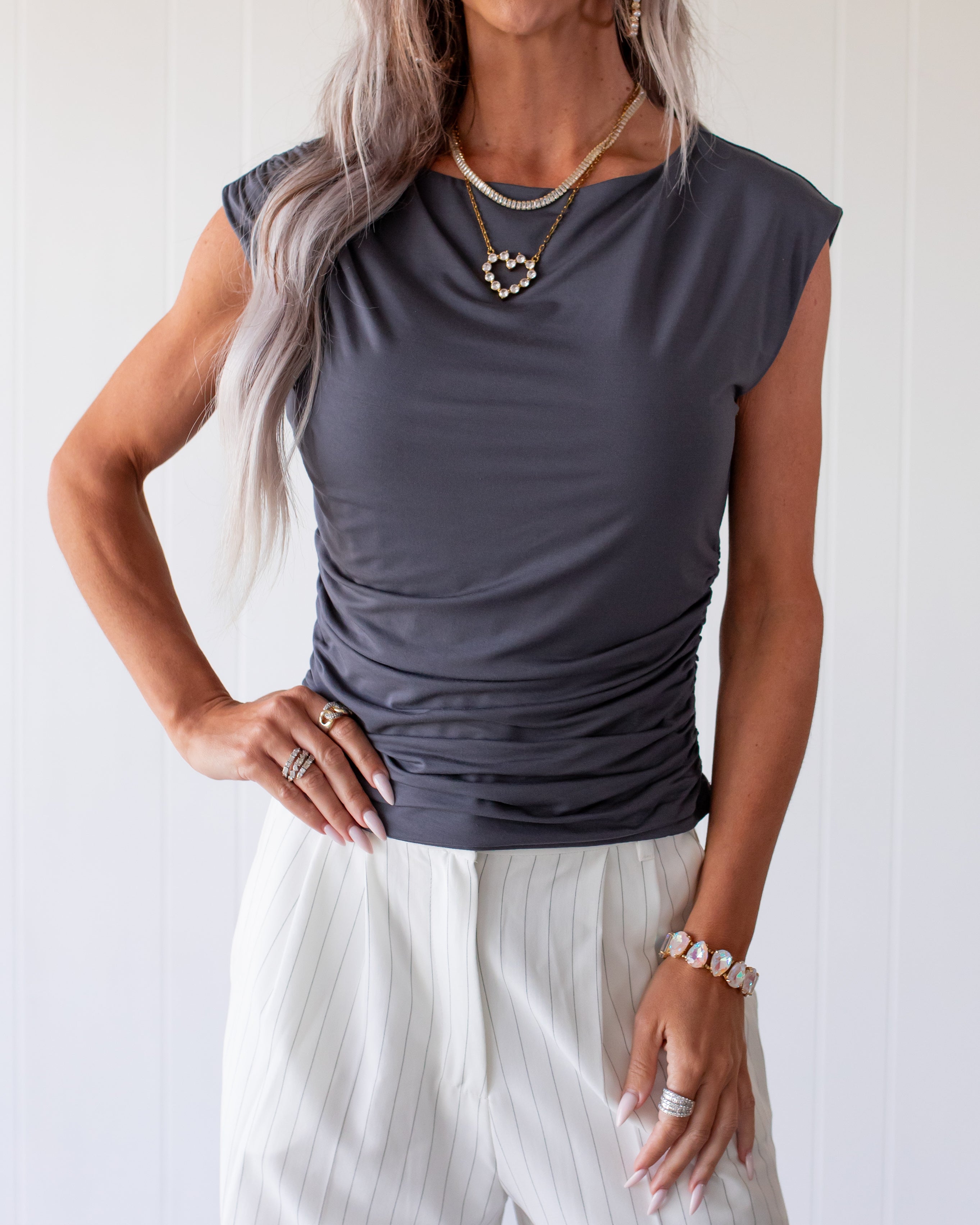 Ruched & Radiant Boat Neck Tank - Slate Blue