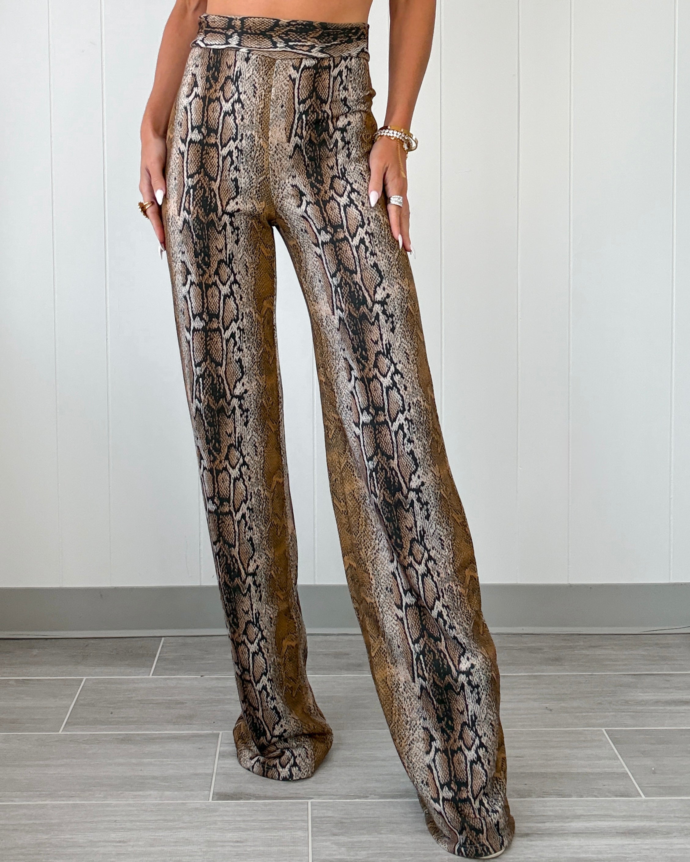 The Serpentine Snake Print Flare Pants - Taupe