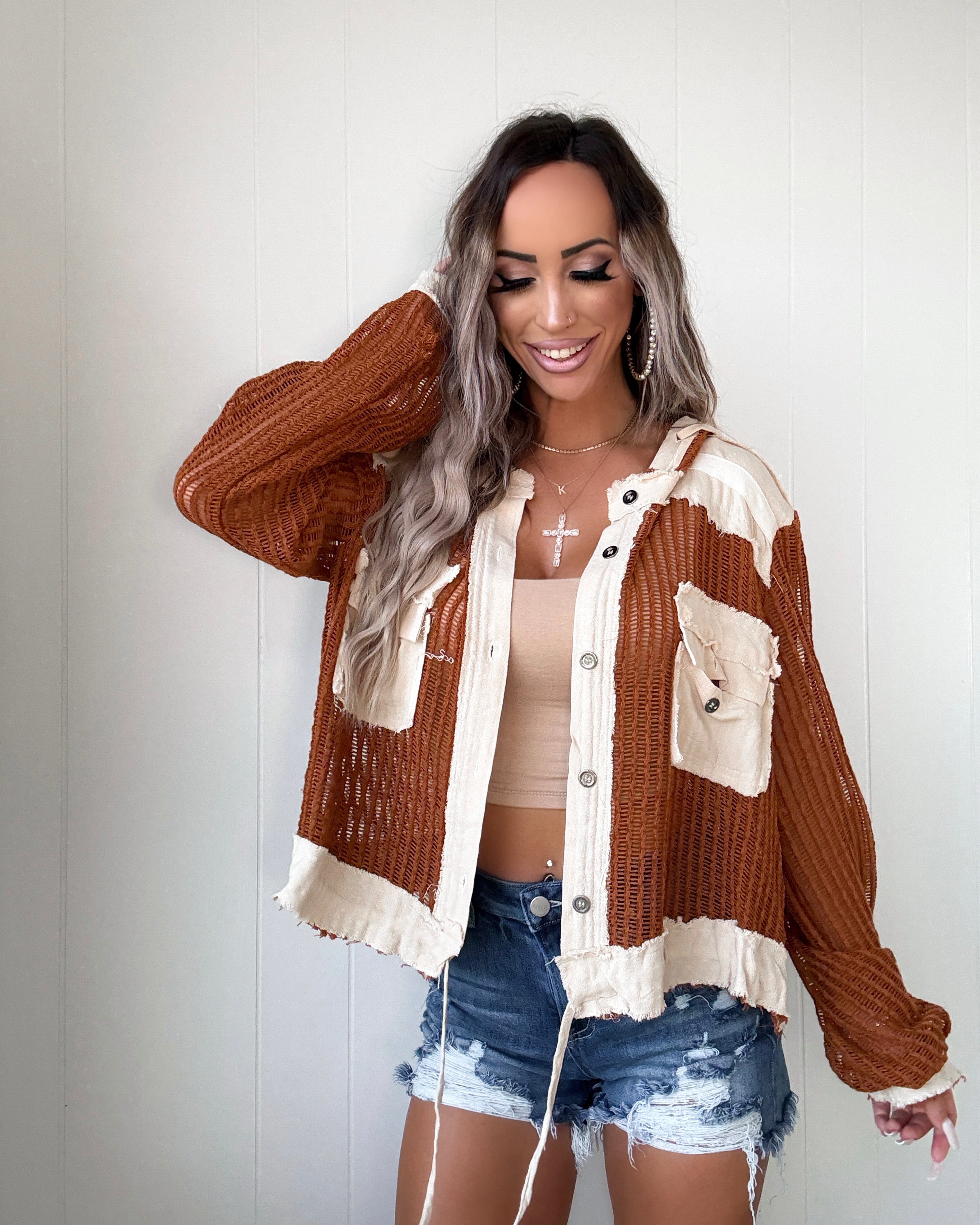 Wildwood Waffle Knit Hooded Top - Chocolate