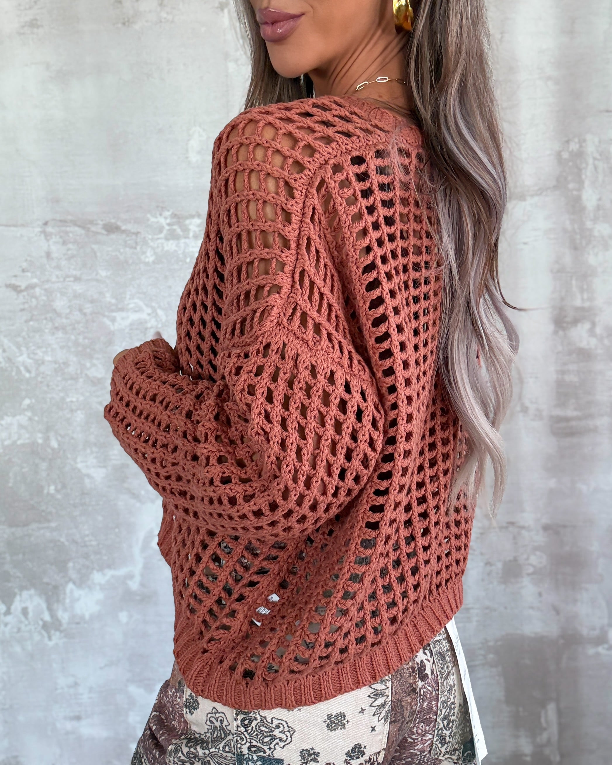 Harvest Honey Crochet Sweater - Clay