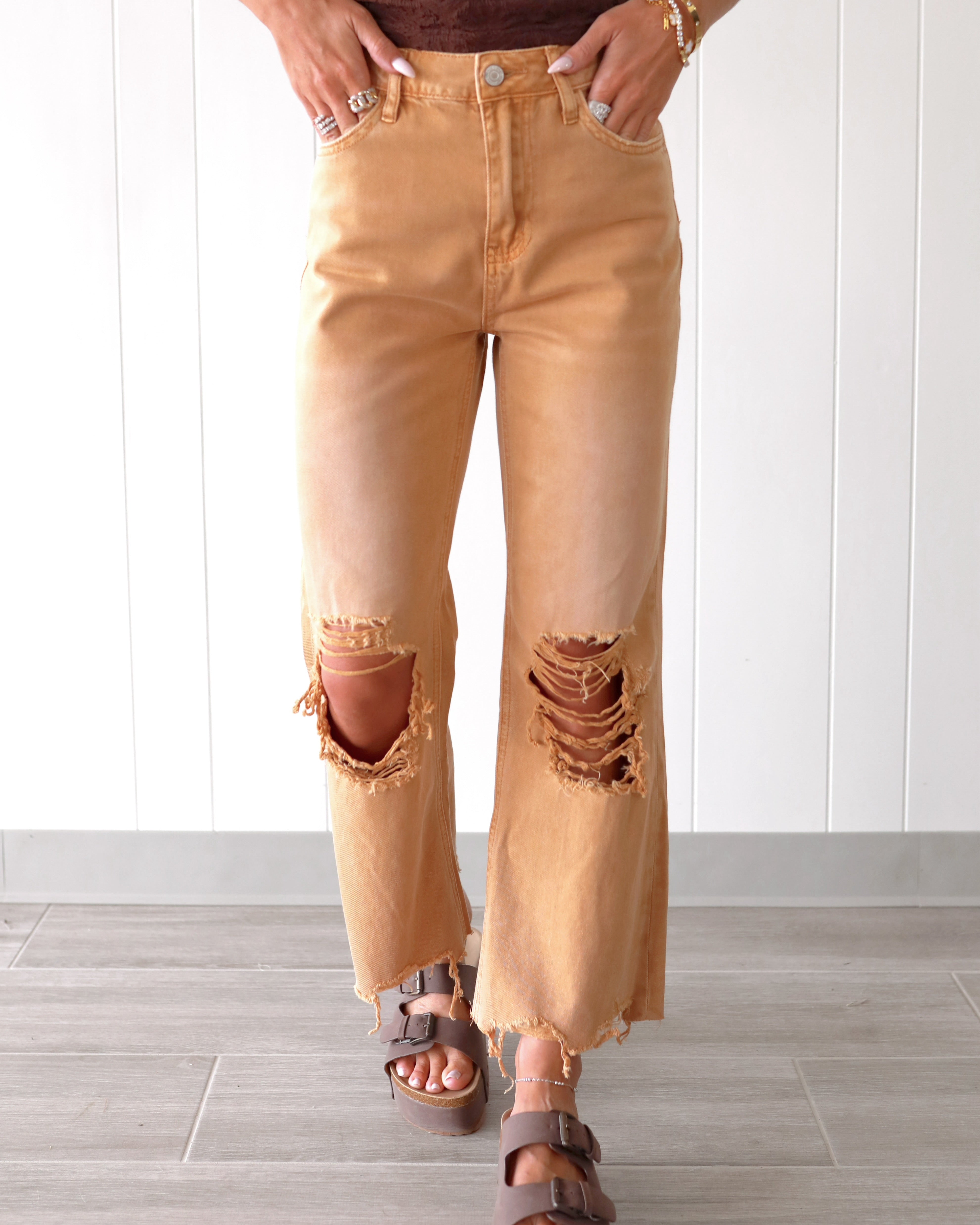 Brylee Distressed Crop Jeans - Sand