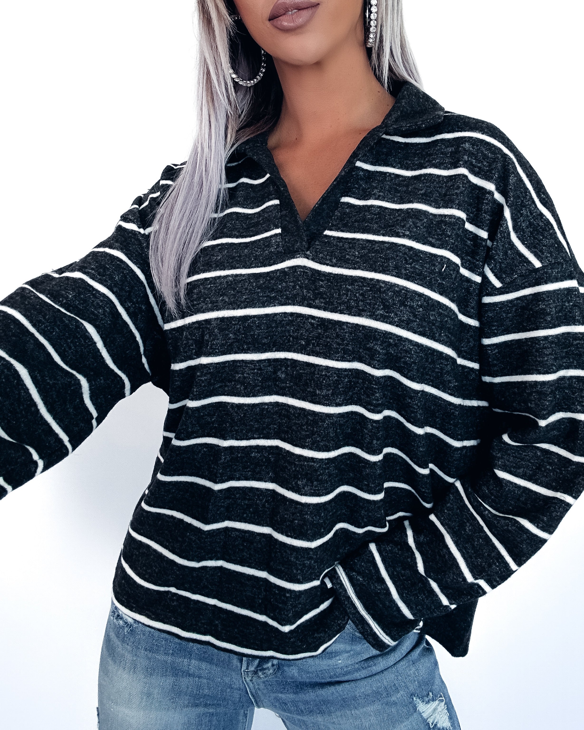 Come With Me Striped Sweater- Black