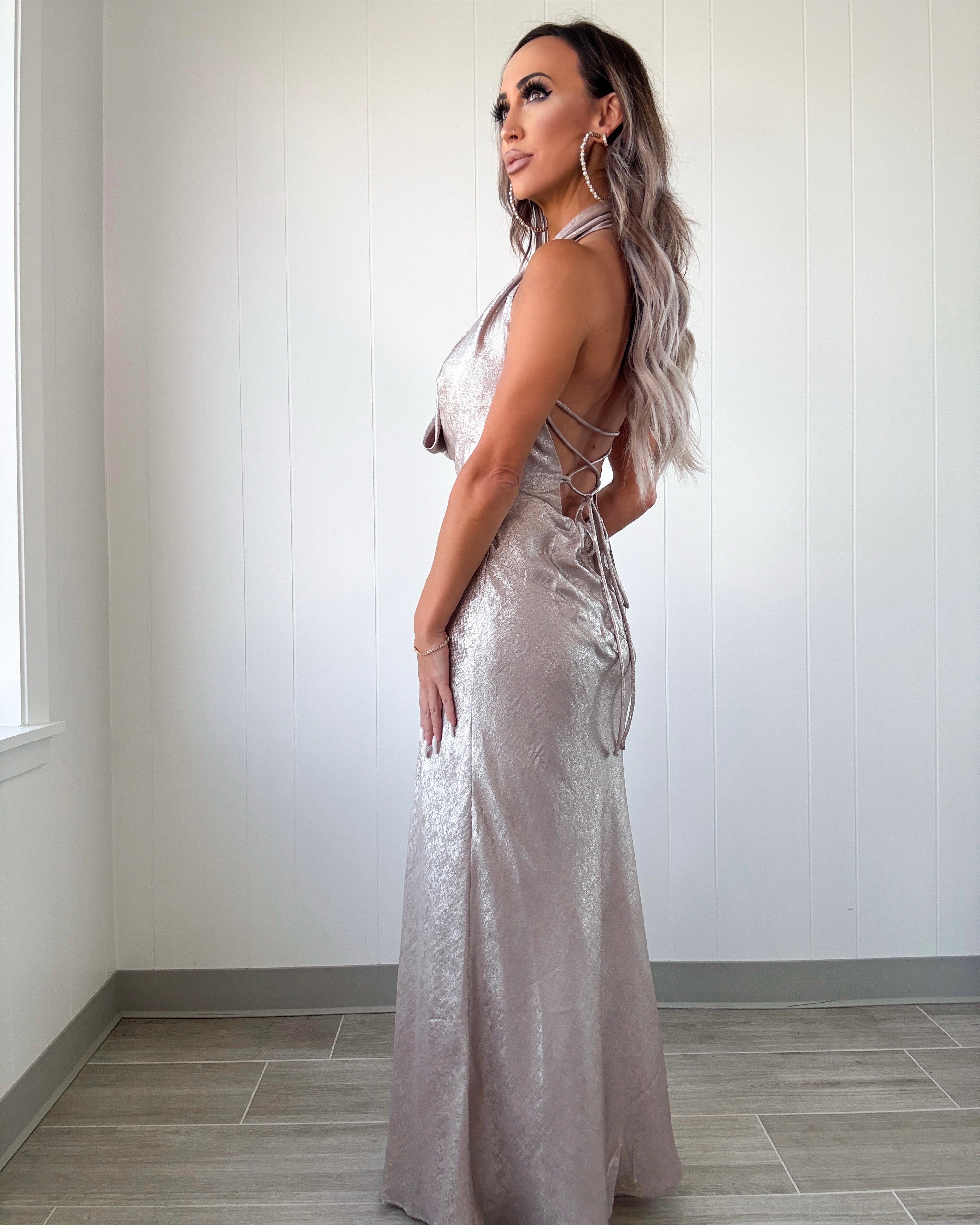 Too Precious Draped Halter Neck Dress - Champagne Large Too Precious Draped Halter Neck Dress - Champagne Large