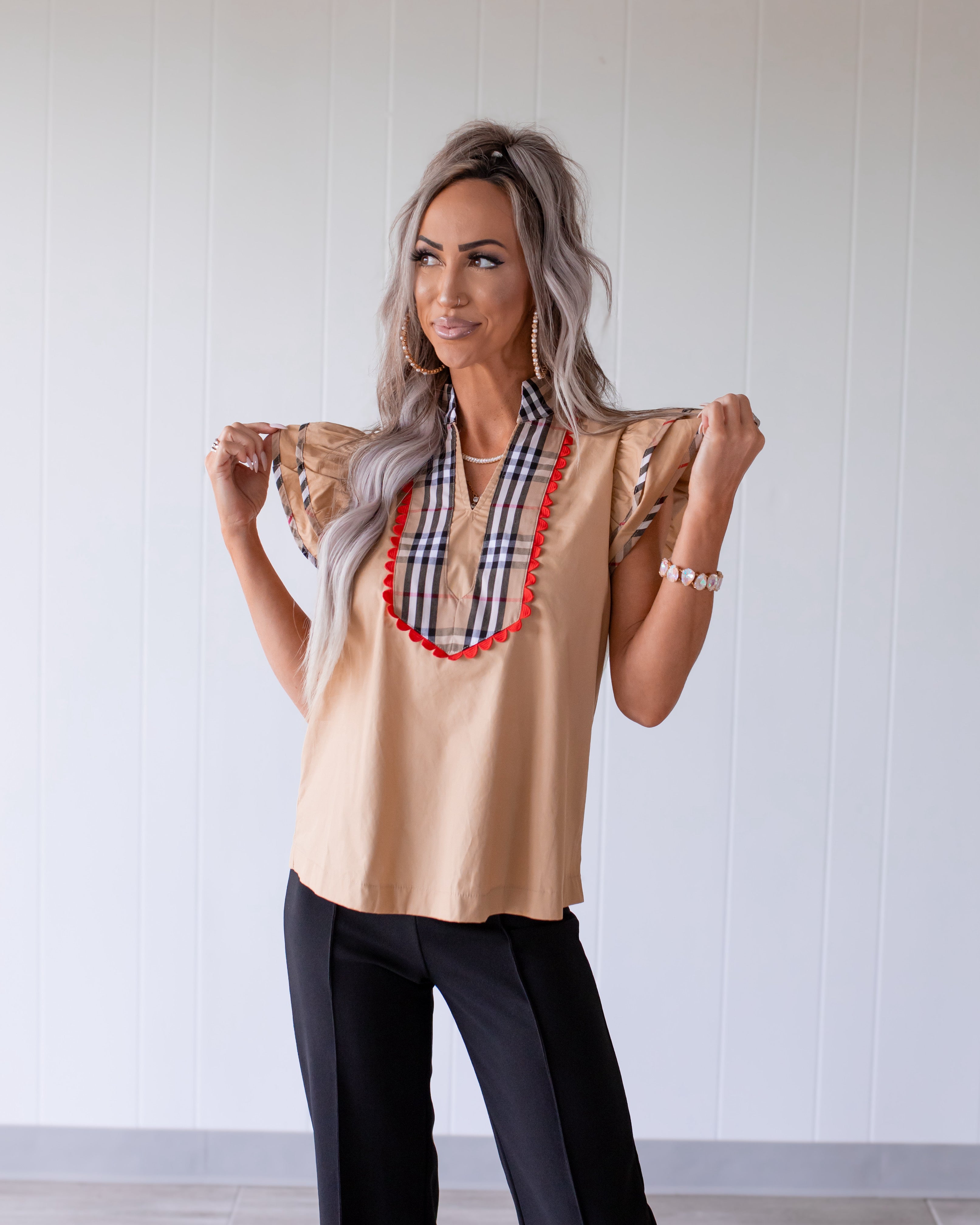 Plaid Contrast Accent Woven Top - Taupe