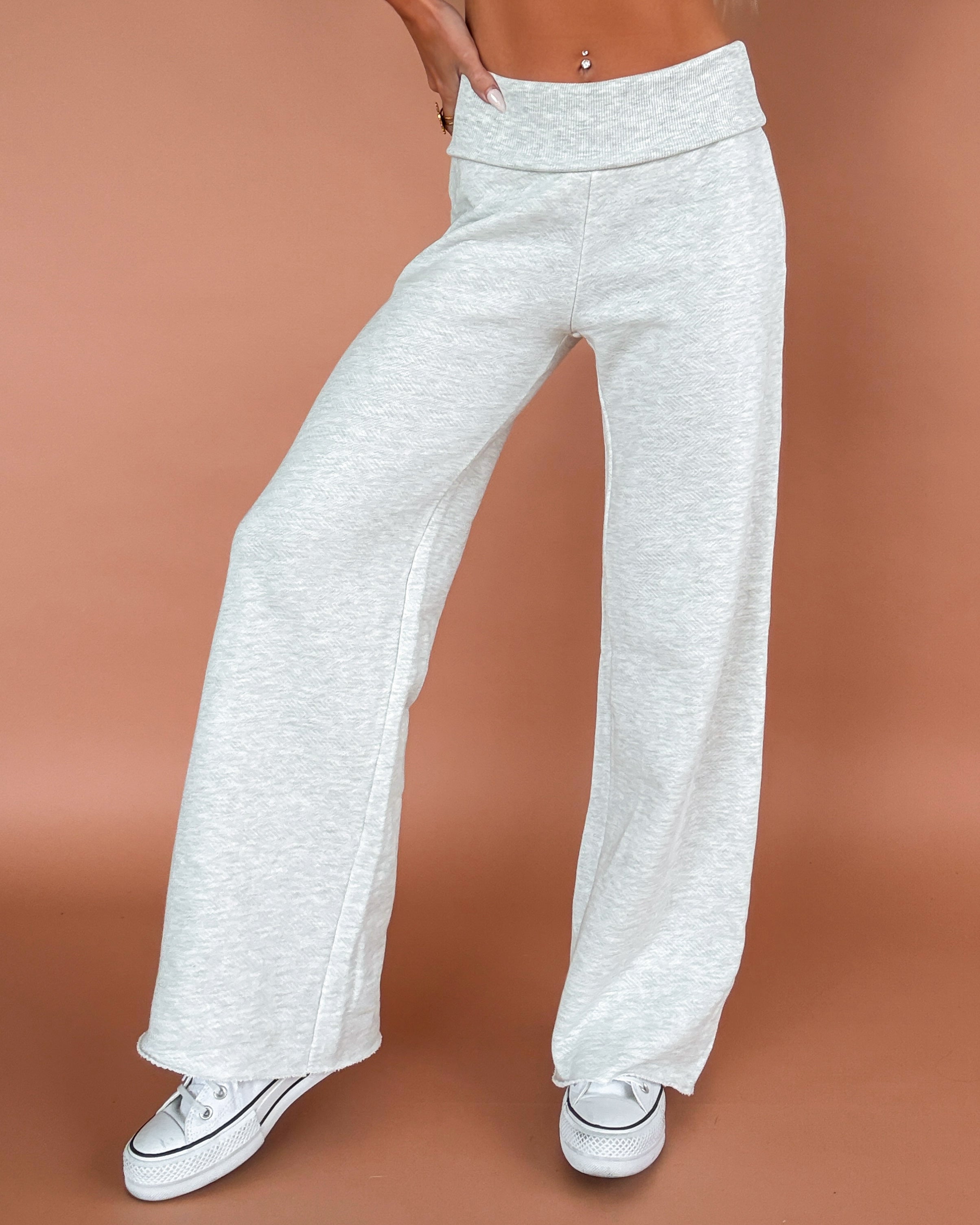 Take It Easy Folded Waist Terry Cloth Pants - Ash Grey