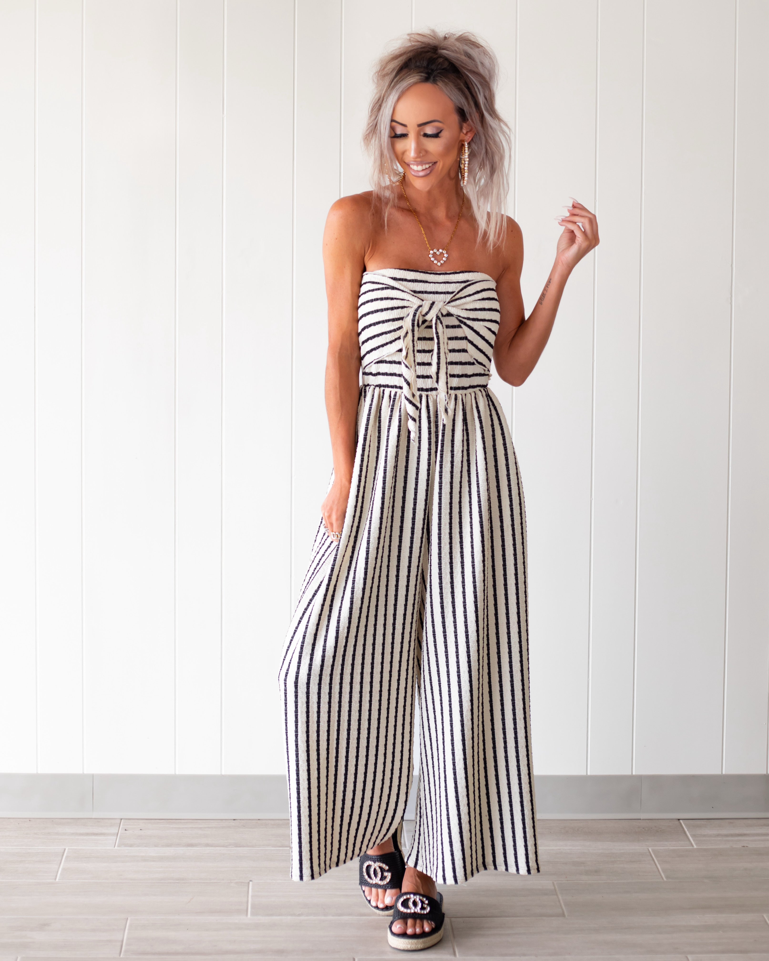 Knotted Up in Stripes Jumpsuit - White/Black