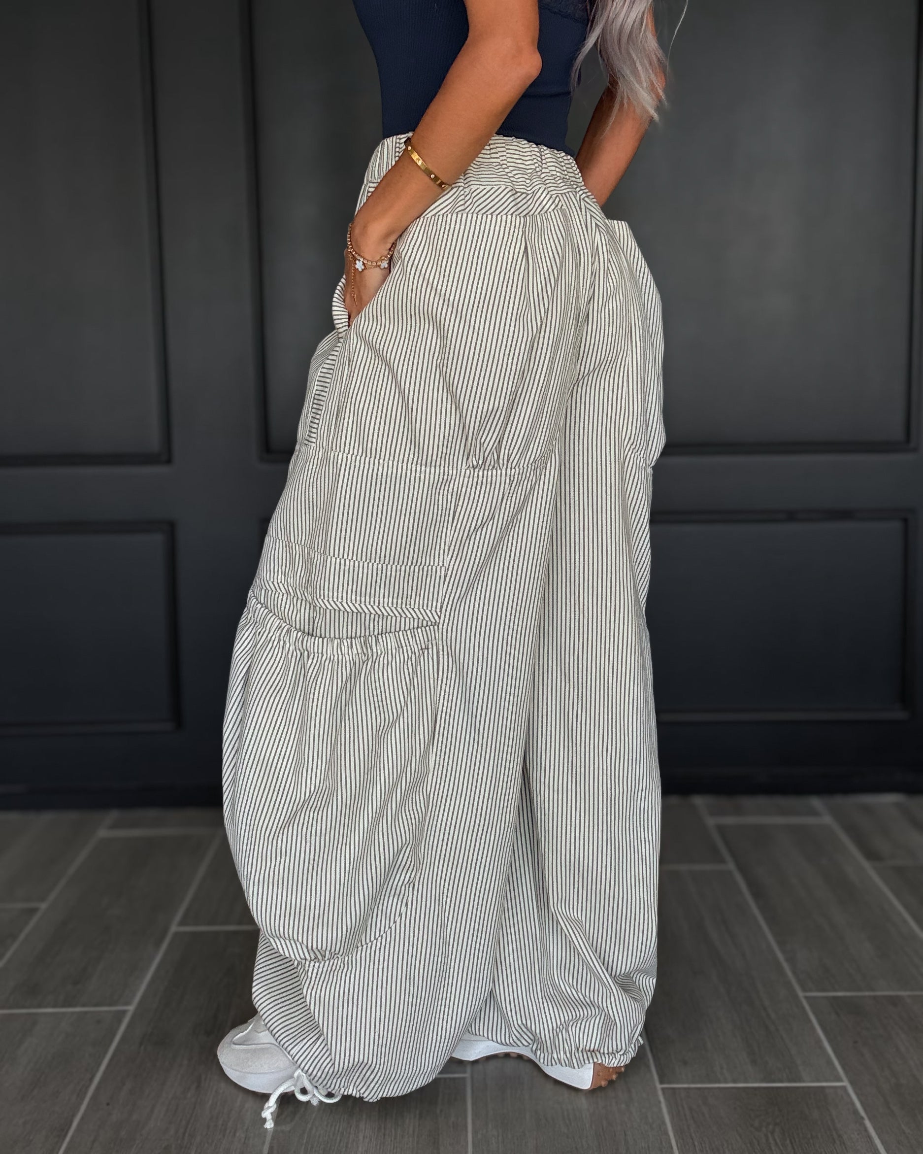 Chasing Clouds Striped Parachute Pants - Ivory/Charcoal