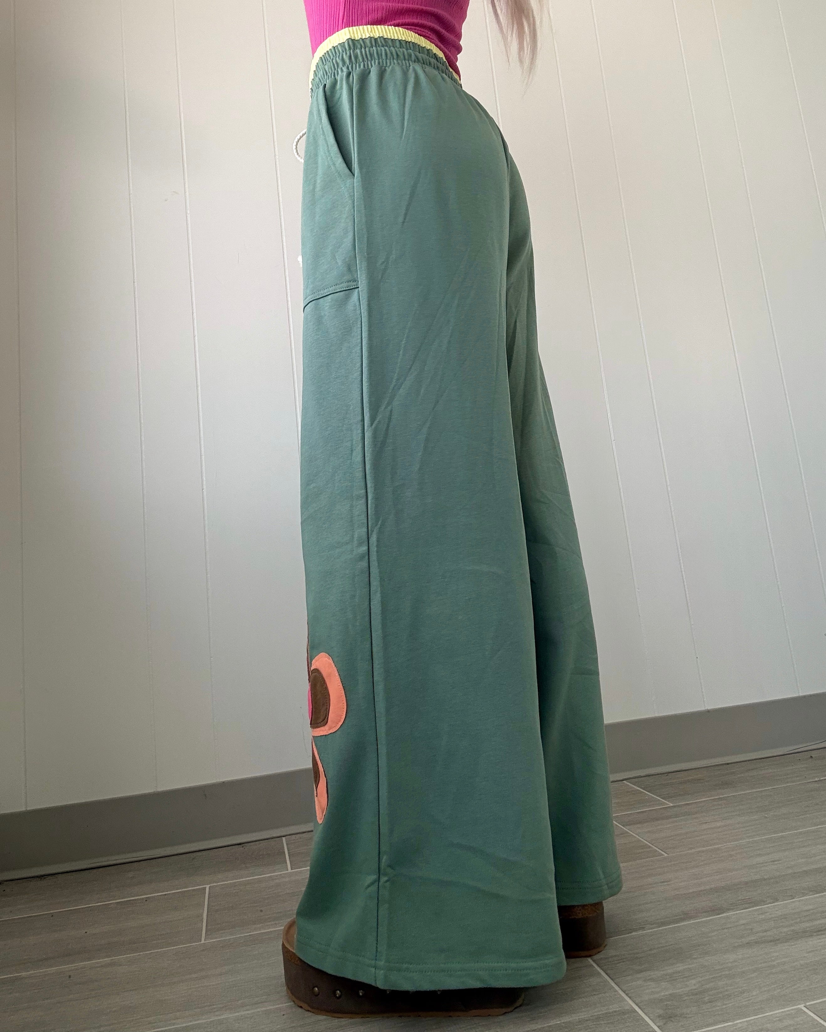Retro Bloom Wide Leg Pants - Sea Green