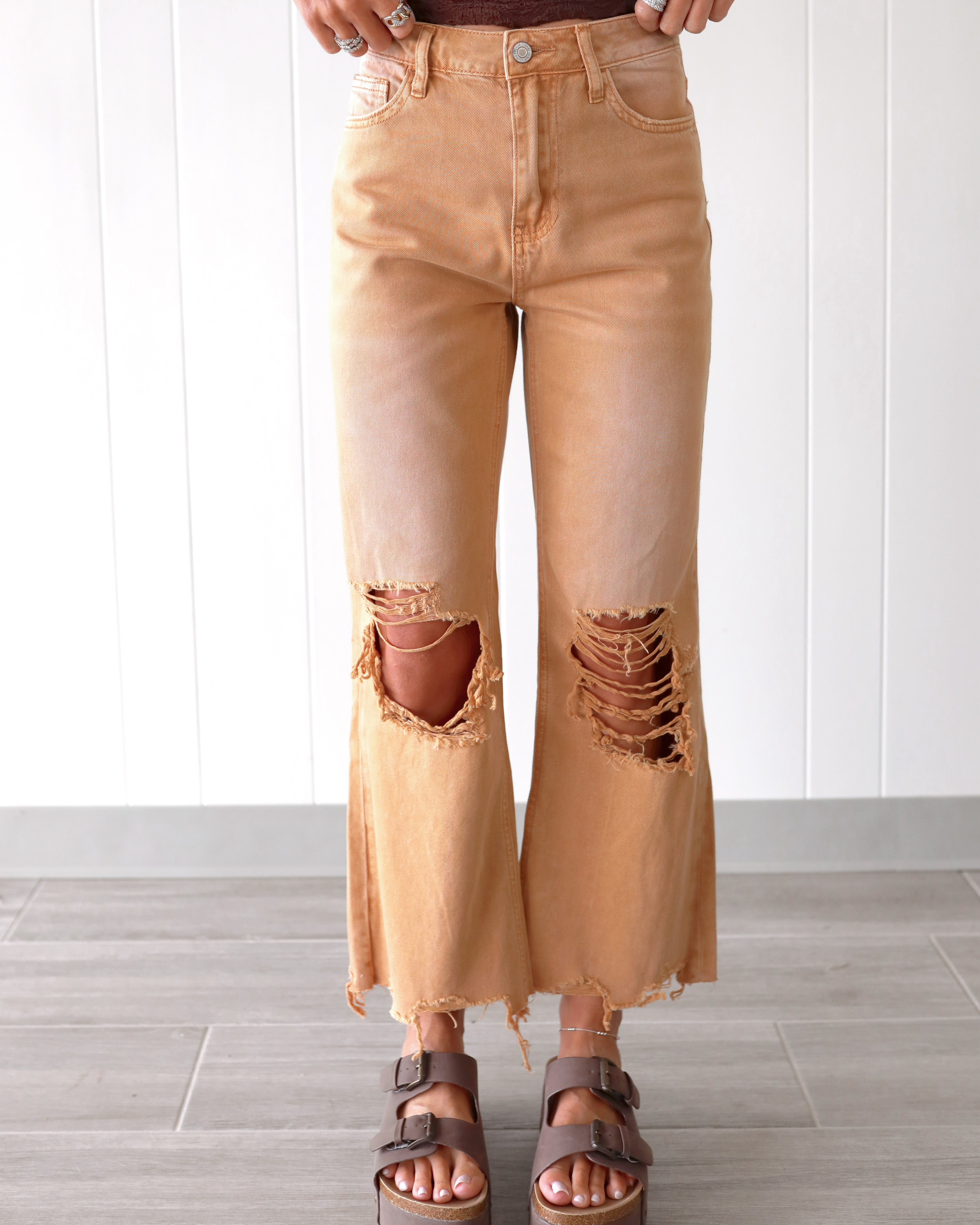 Brylee Distressed Crop Jeans - Sand