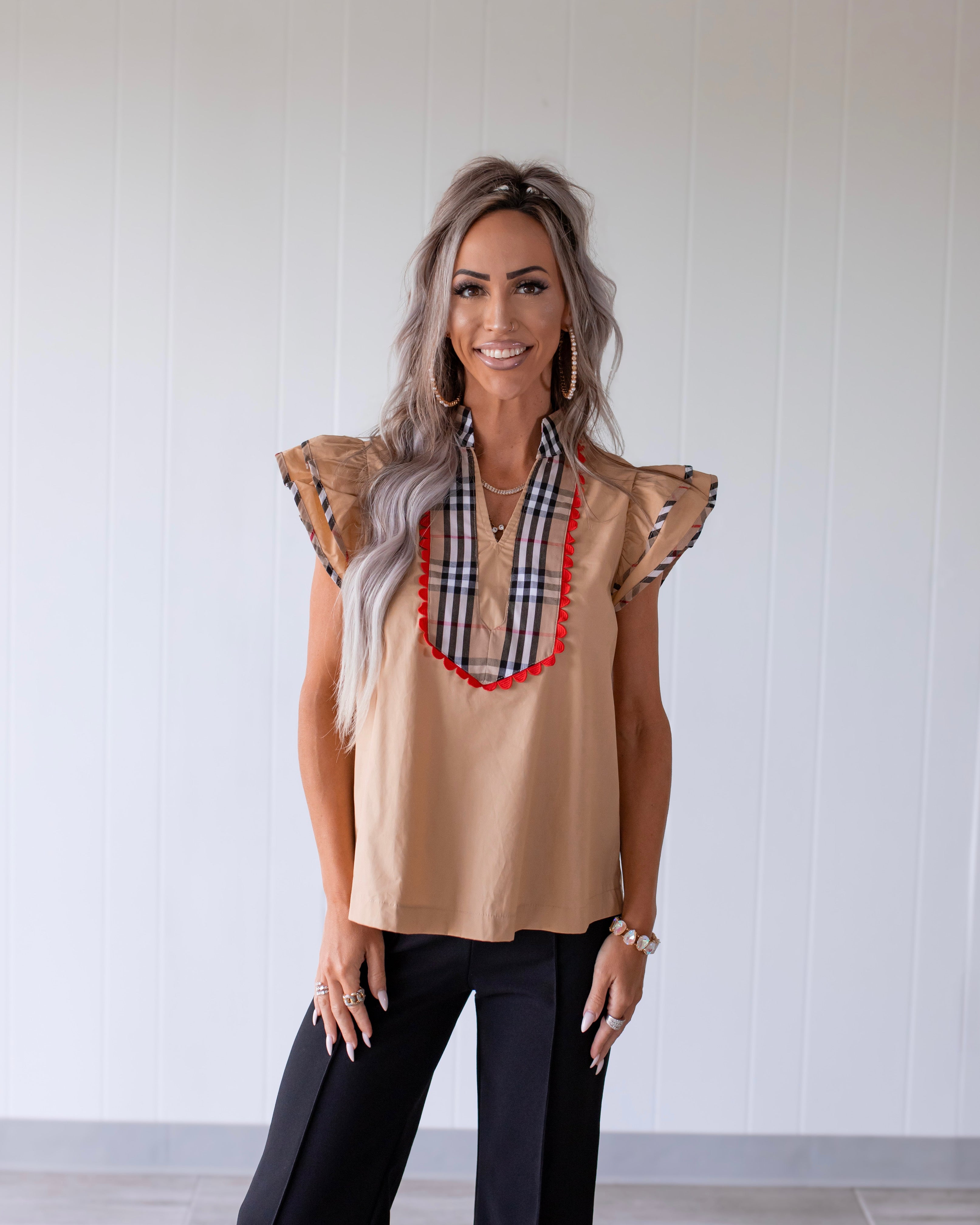 Plaid Contrast Accent Woven Top - Taupe