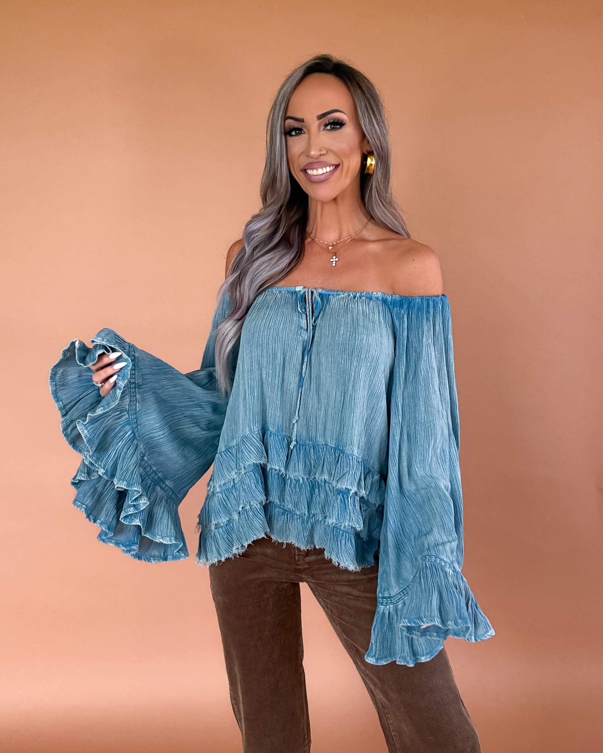 Petal Ruffle Crinkle Top - Denim Blue
