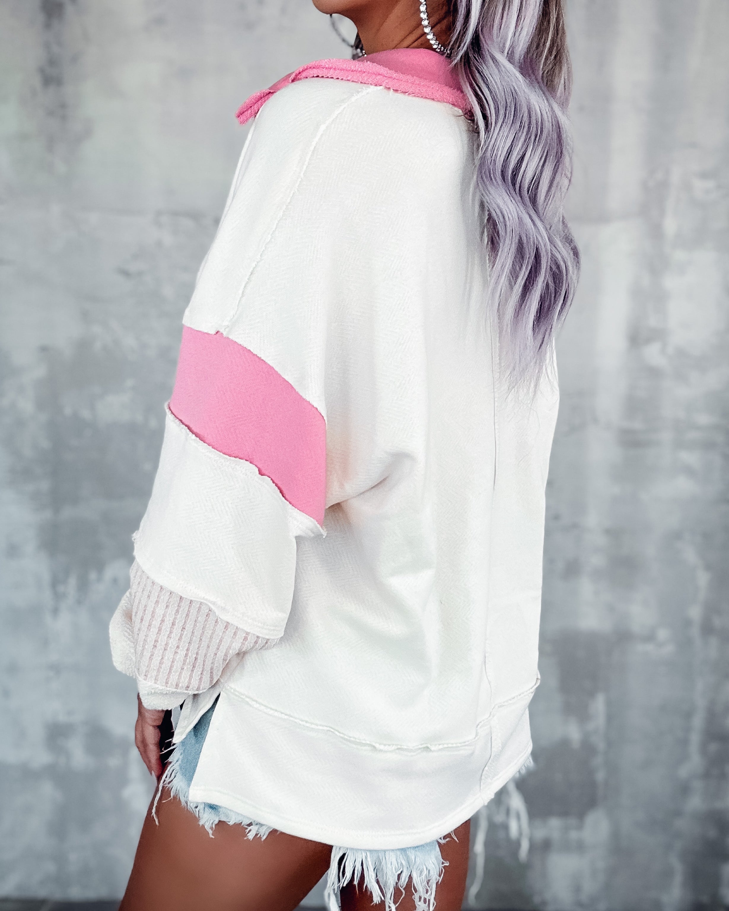 Busy Schedule French Terry Colorblock Pullover - Ivory/Pink
