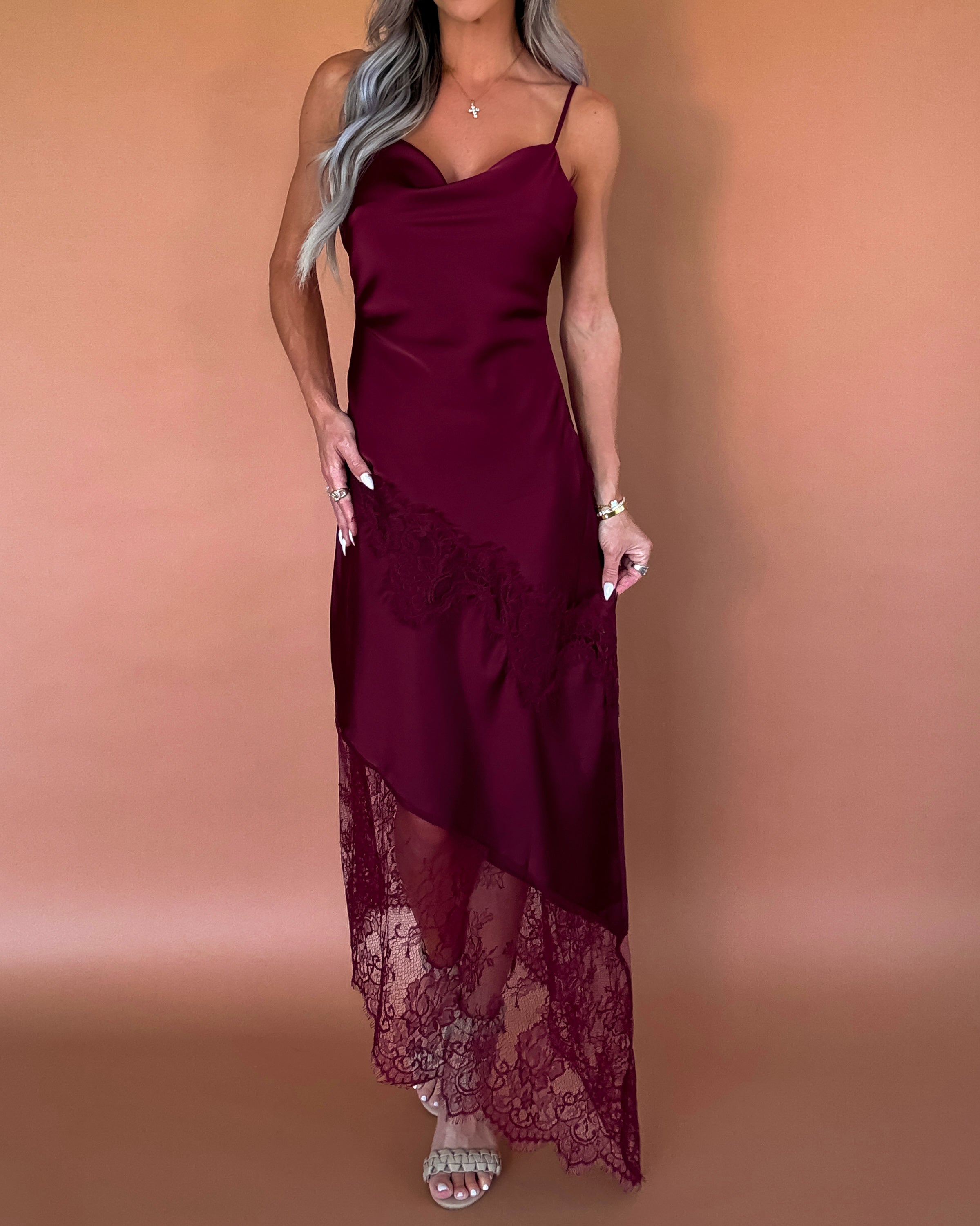 Flirty Femme Satin Lace Dress - Wine