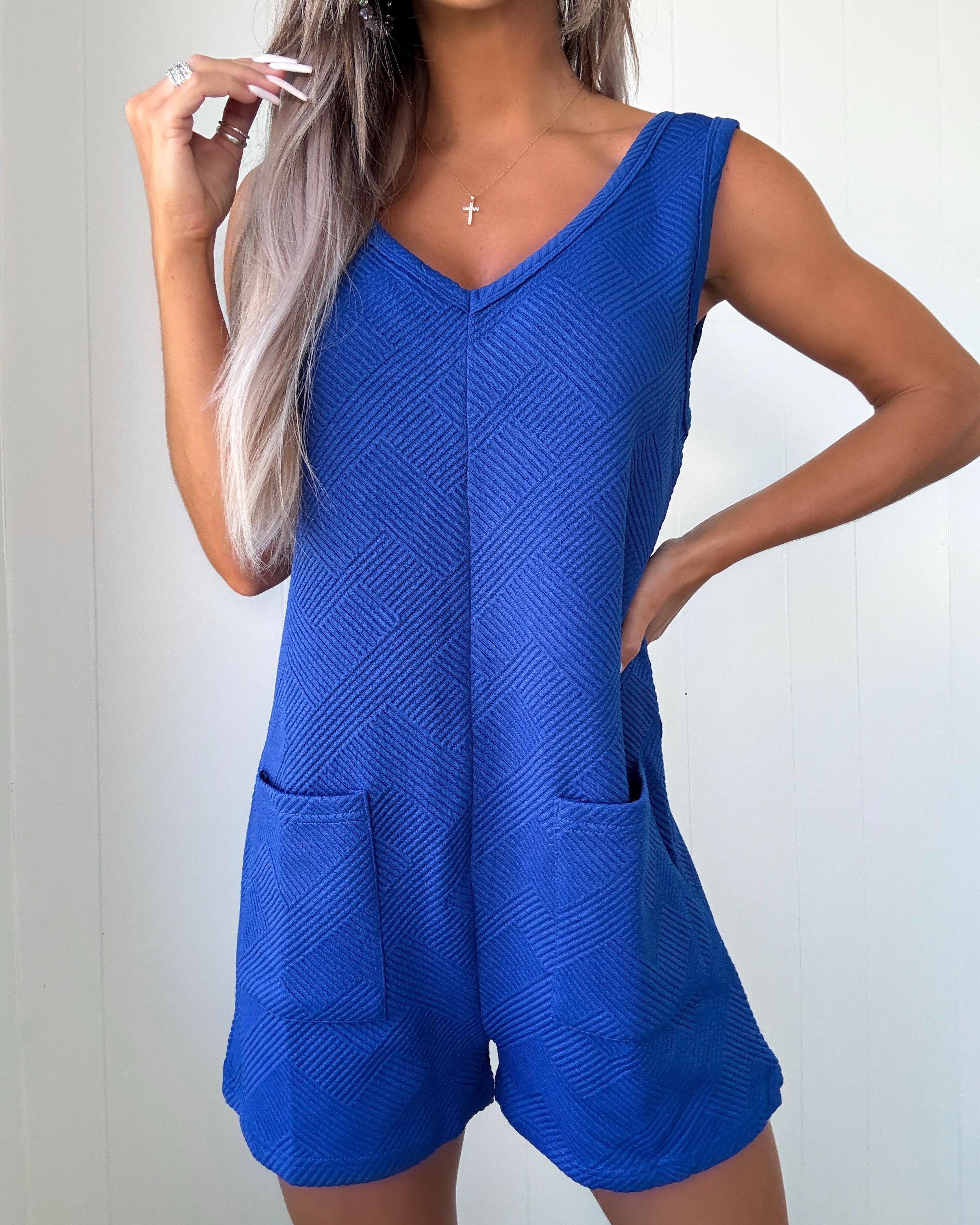 Textured Knit Overall Romper - Royal Blue
