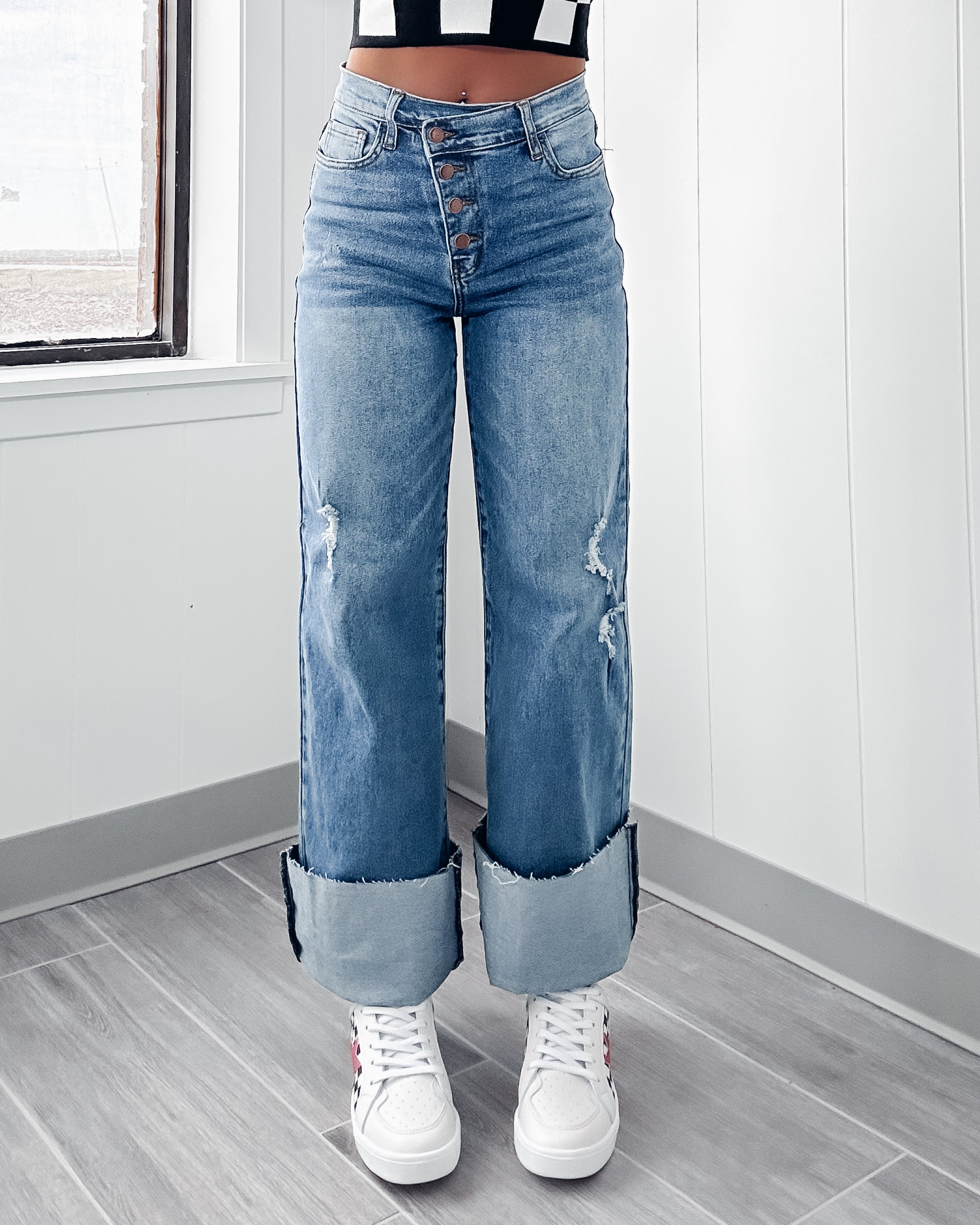 Addison Cross Over Button Jeans- Medium Wash