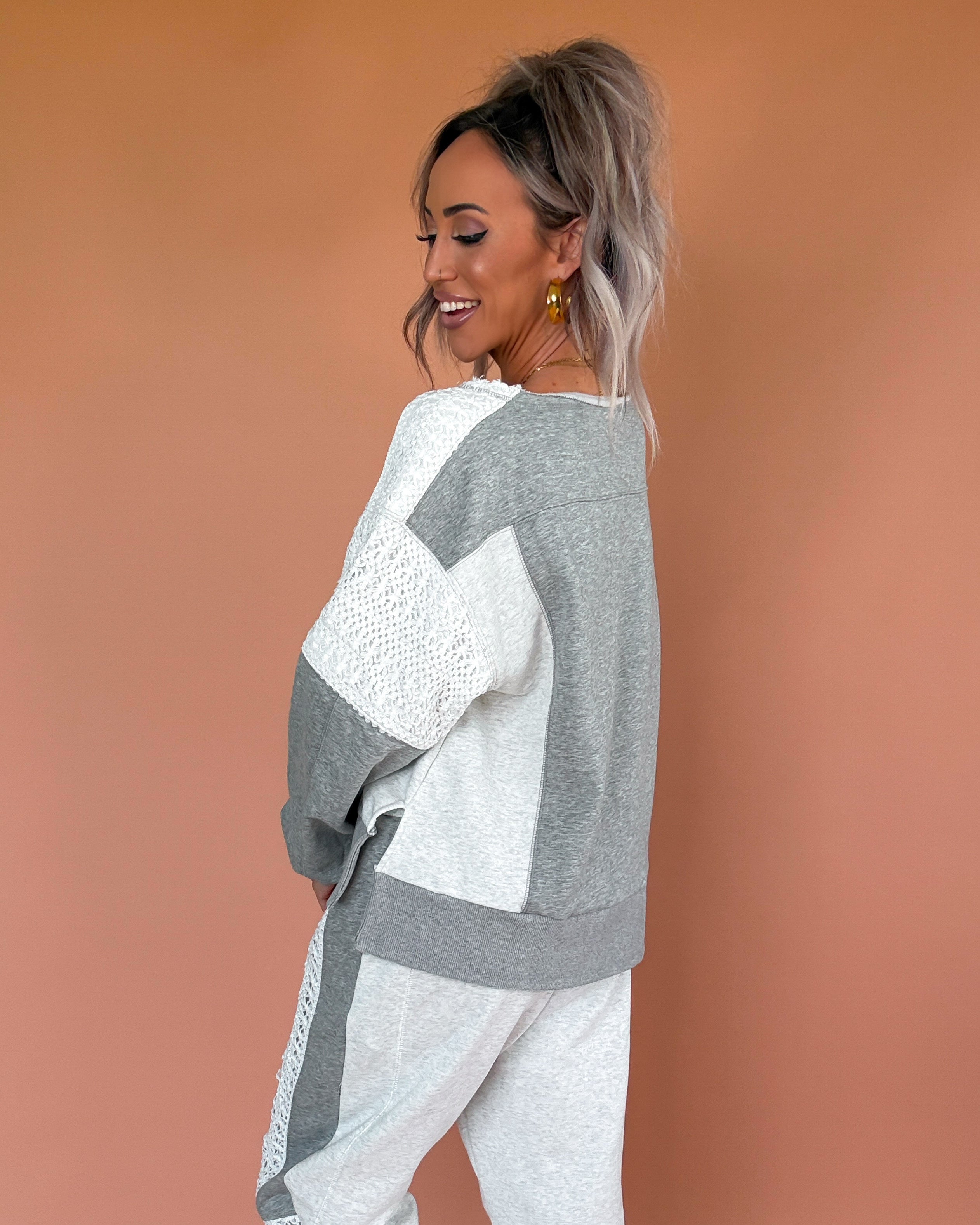 Heathered Muse Crochet Long Sleeve Top - Grey