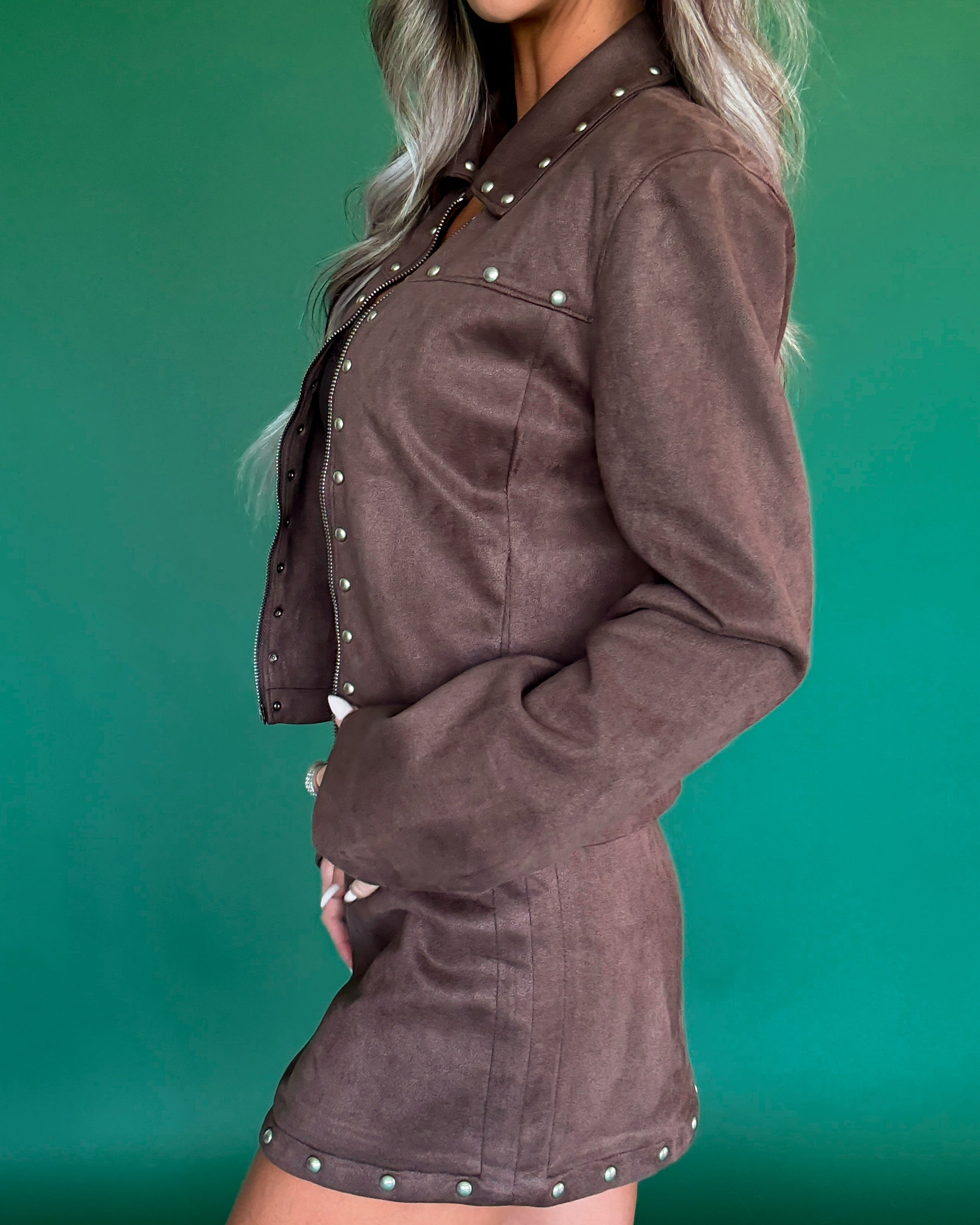 Wildcard Studded Suede Zip Up Jacket - Dark Brown