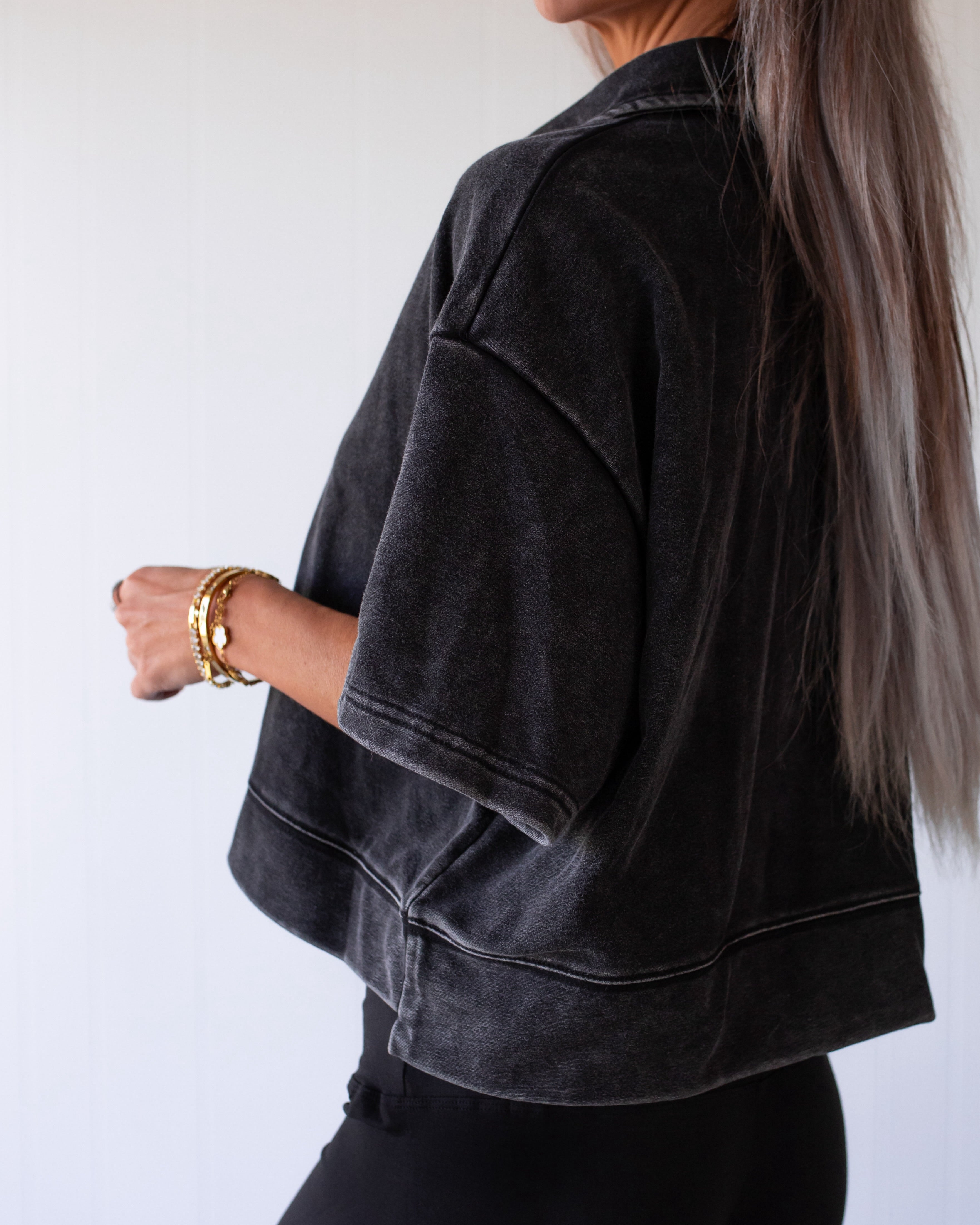 Modern Ease Cotton Terry Button Top - Black