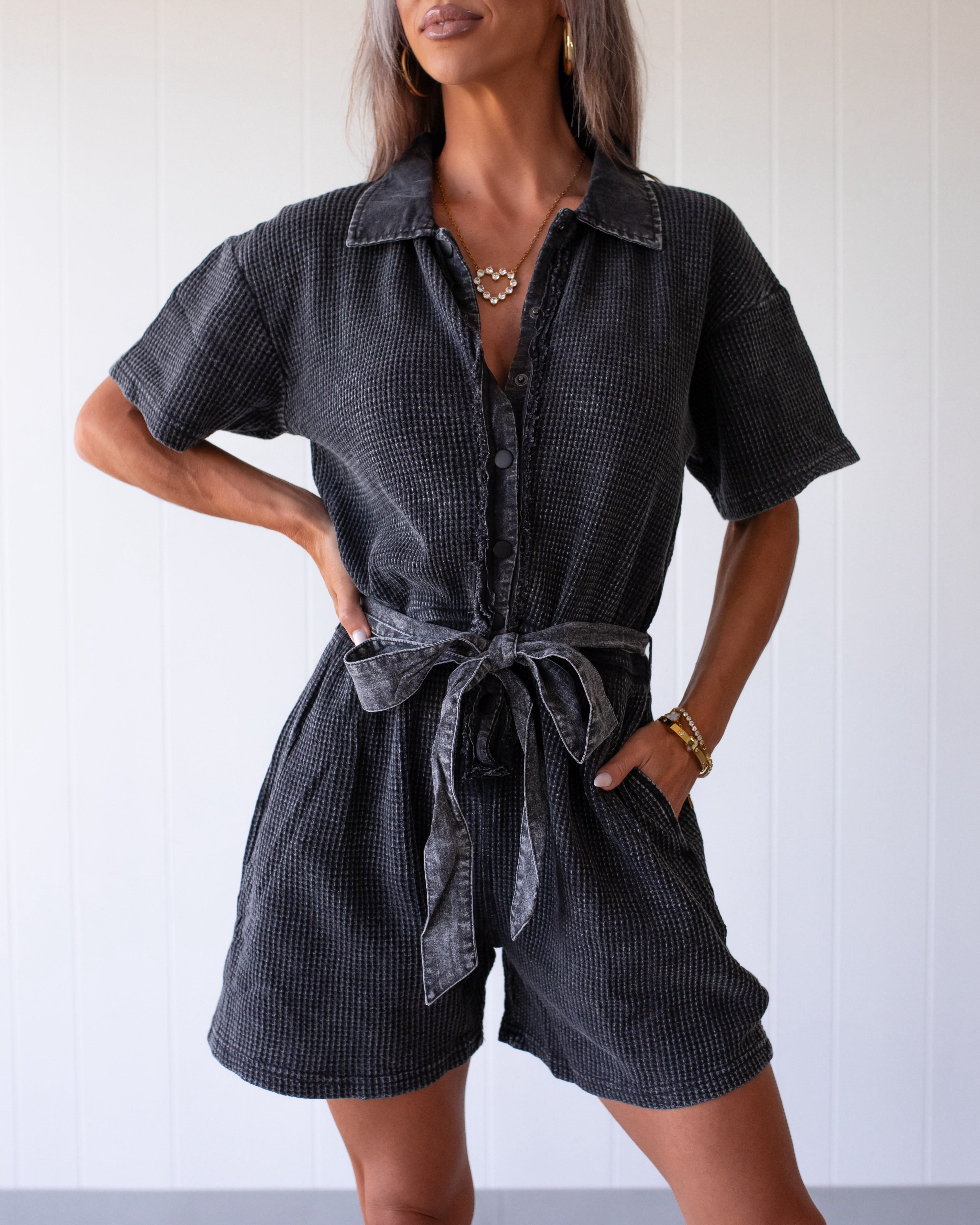 Mineral Wash Cotton Playsuit - Black