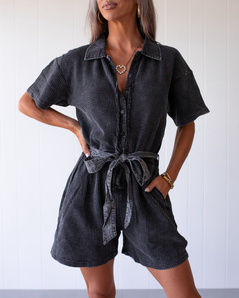 Mineral Wash Cotton Playsuit - Black