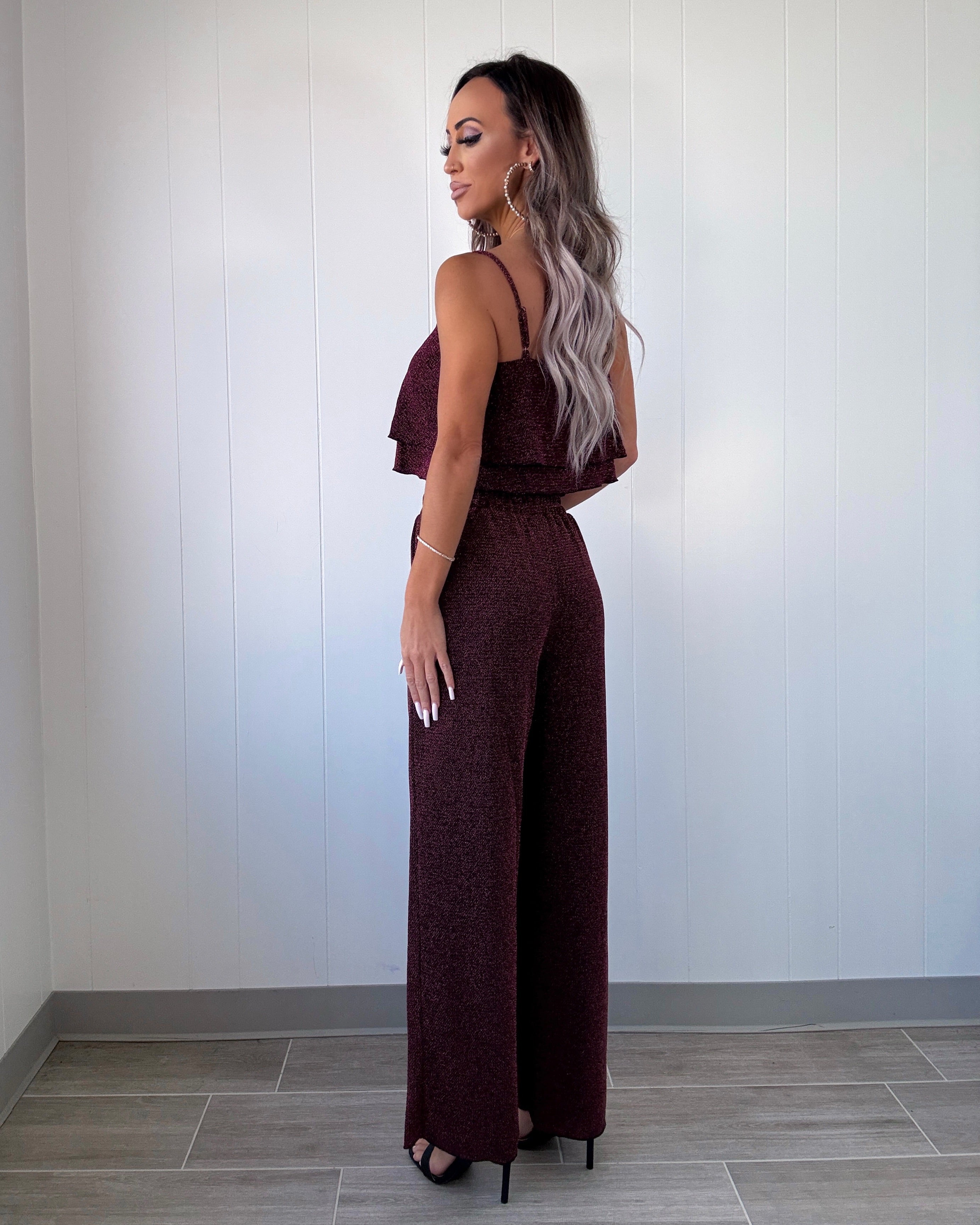 Attention Getter Glitter Pant Set - Wine