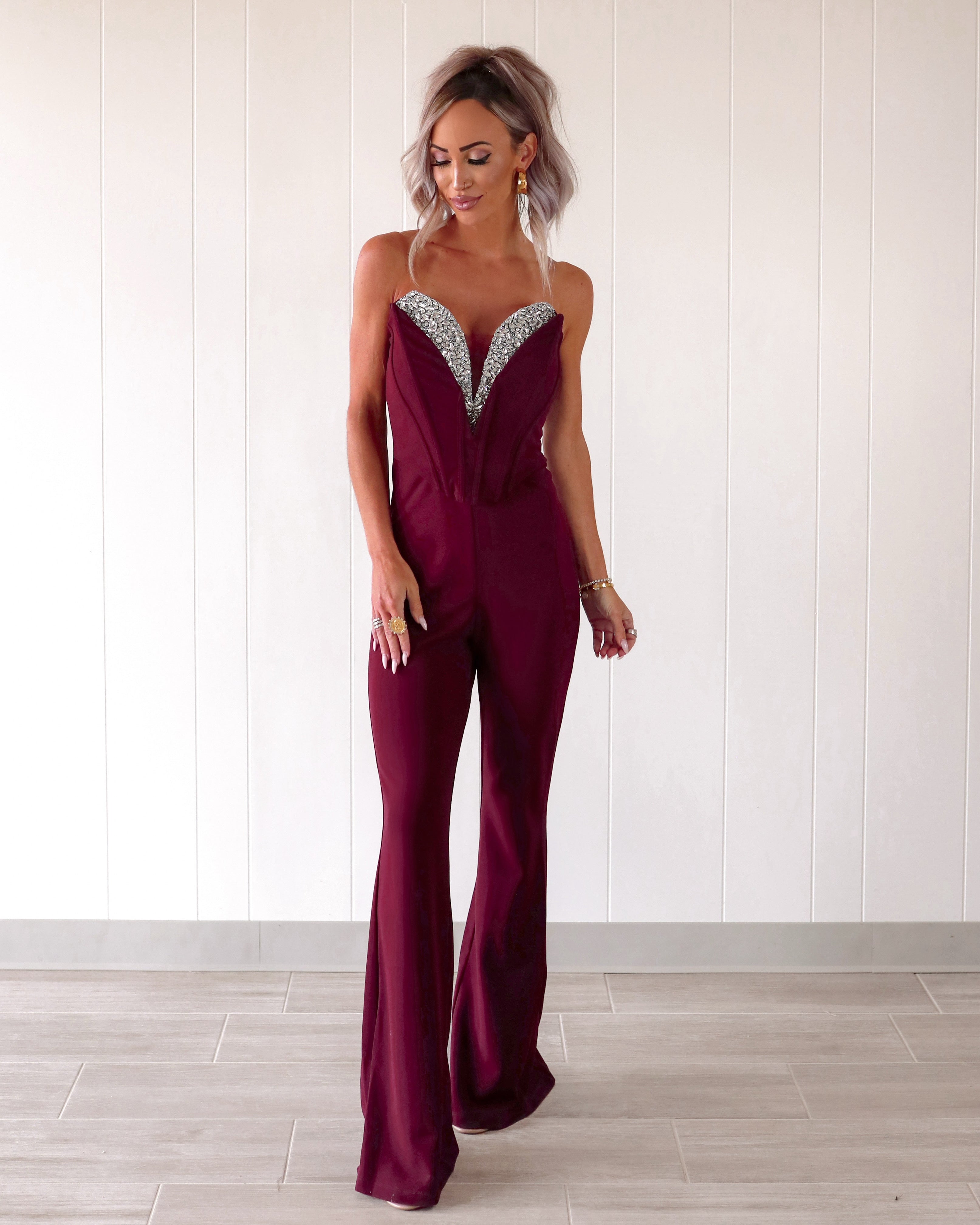 Rhinestone Dreams Mesh Corset Jumpsuit - Maroon