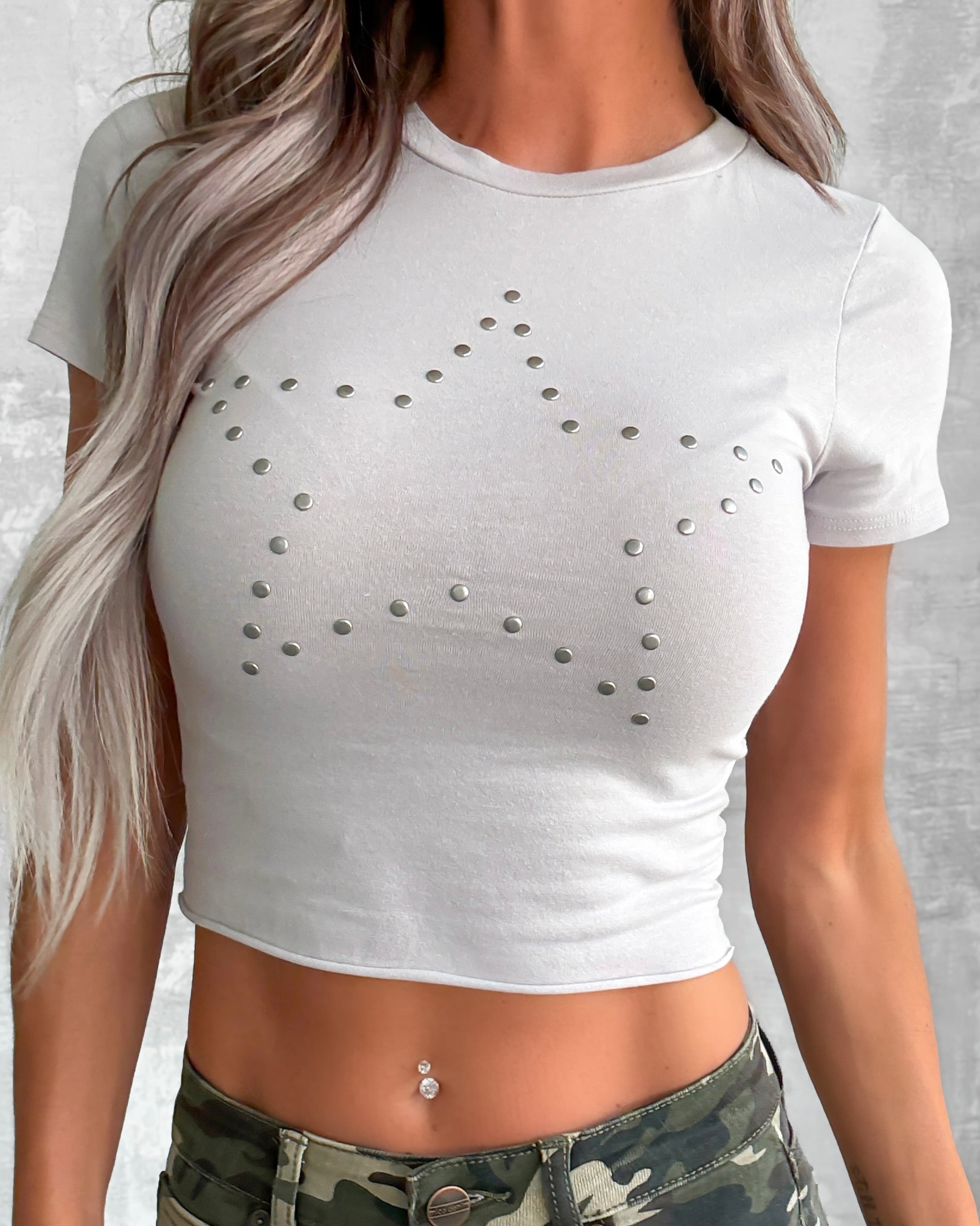 Metallic Studded Star Crop Tee - Silver