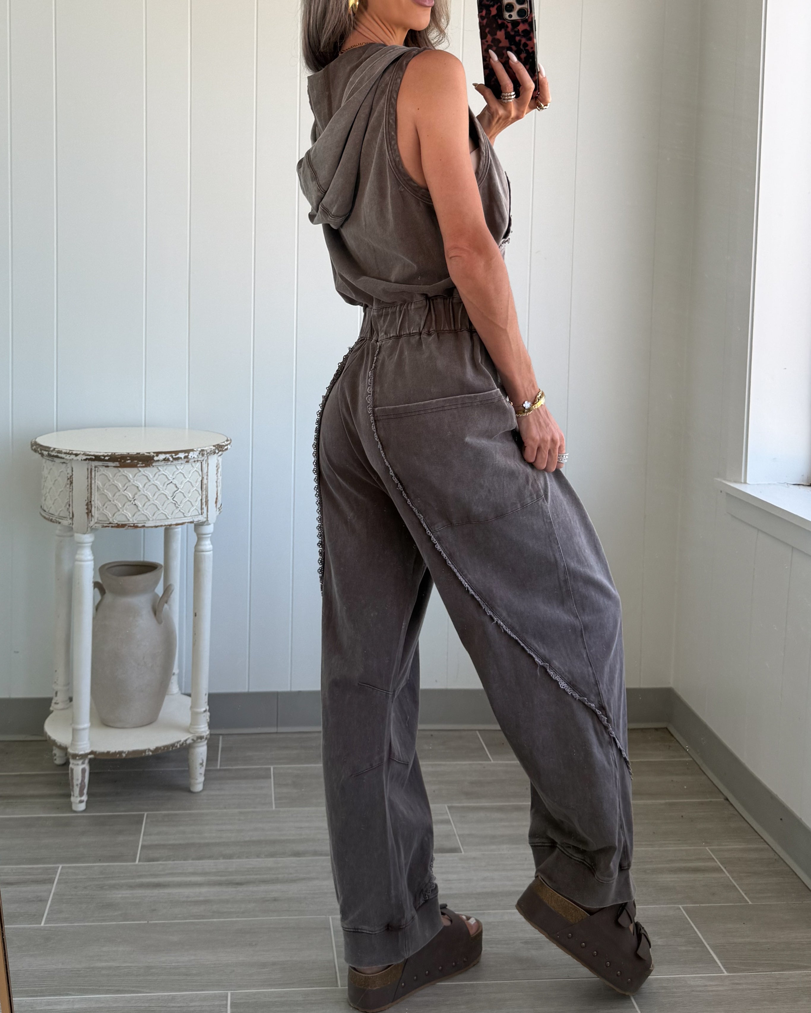 The Hazel Hooded Jogger Jumpsuit - Washed Brown