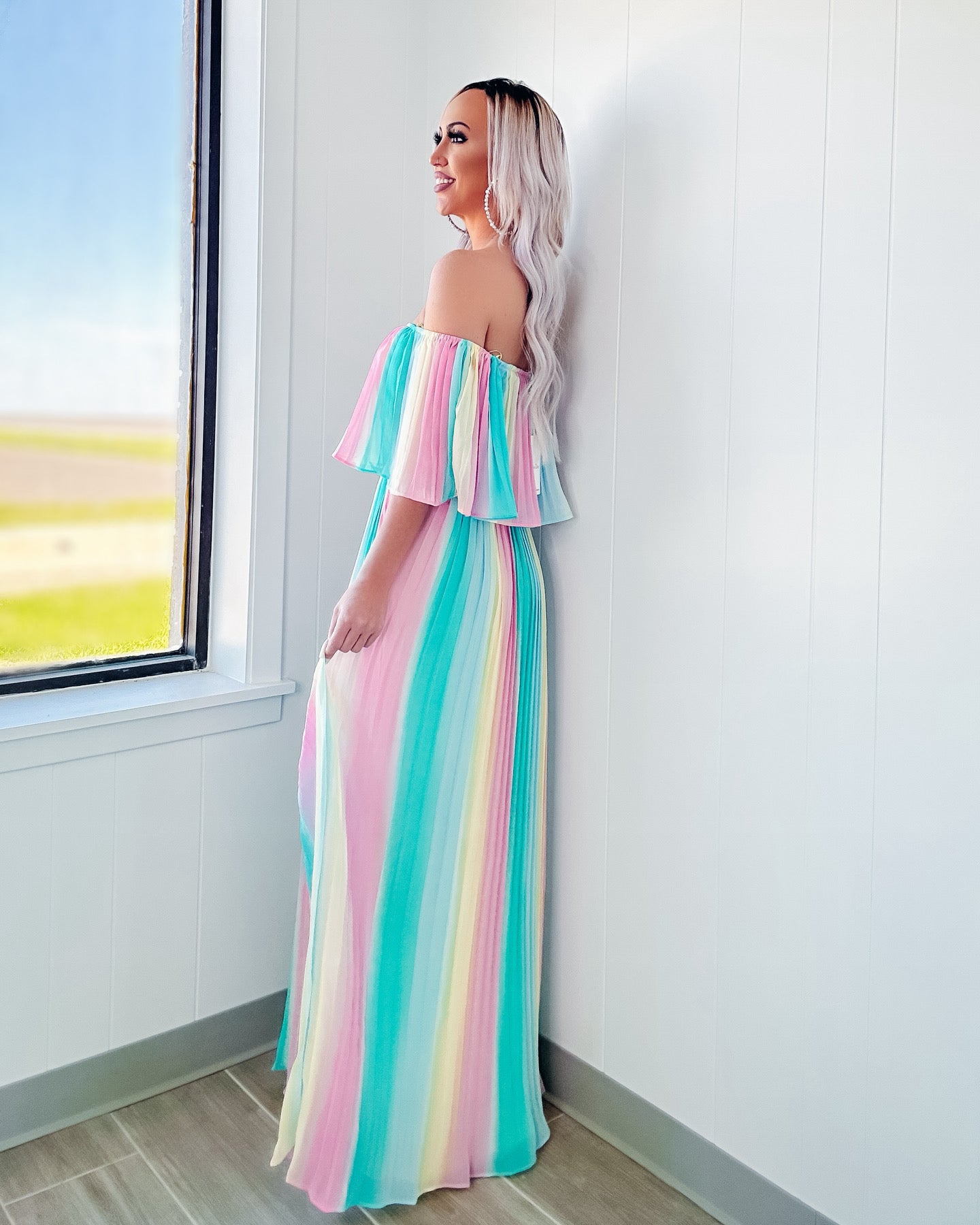 Spring Soiree Pleated Off Shoulder Maxi Dress - Multi Color